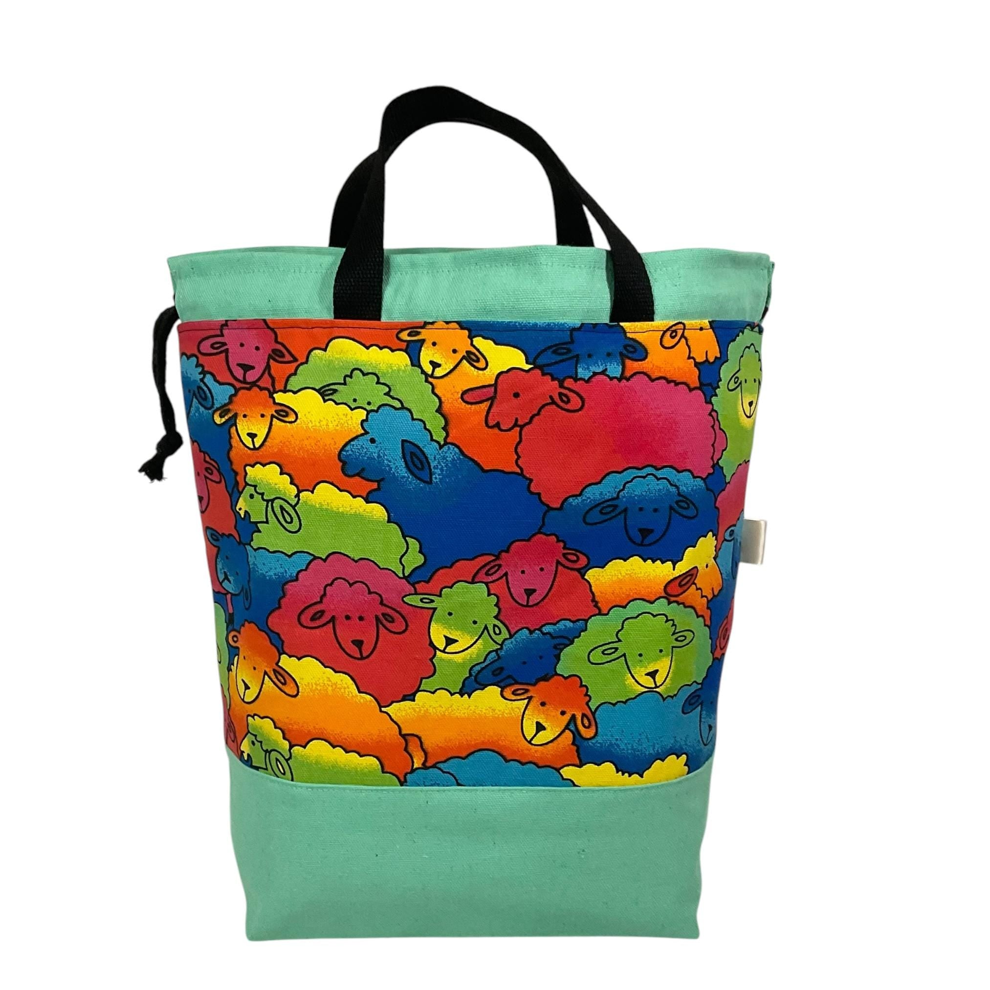 Extra Large drawstring knitting bag with bright sheep print, multi pockets project bag with handles