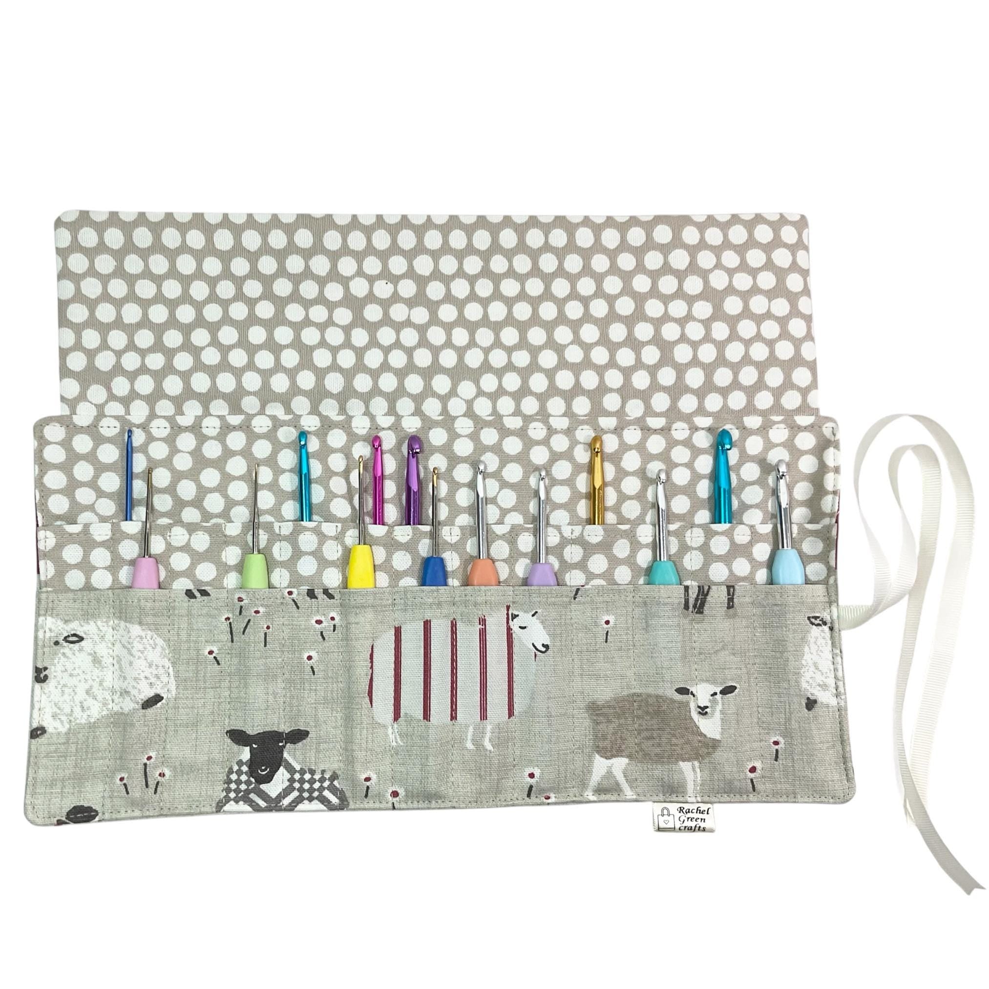 Crochet hook case with red sheep, ergonomic hook organiser, roll up case, Sheep lover gift, knitters gift, Crochet gift,  hook storage