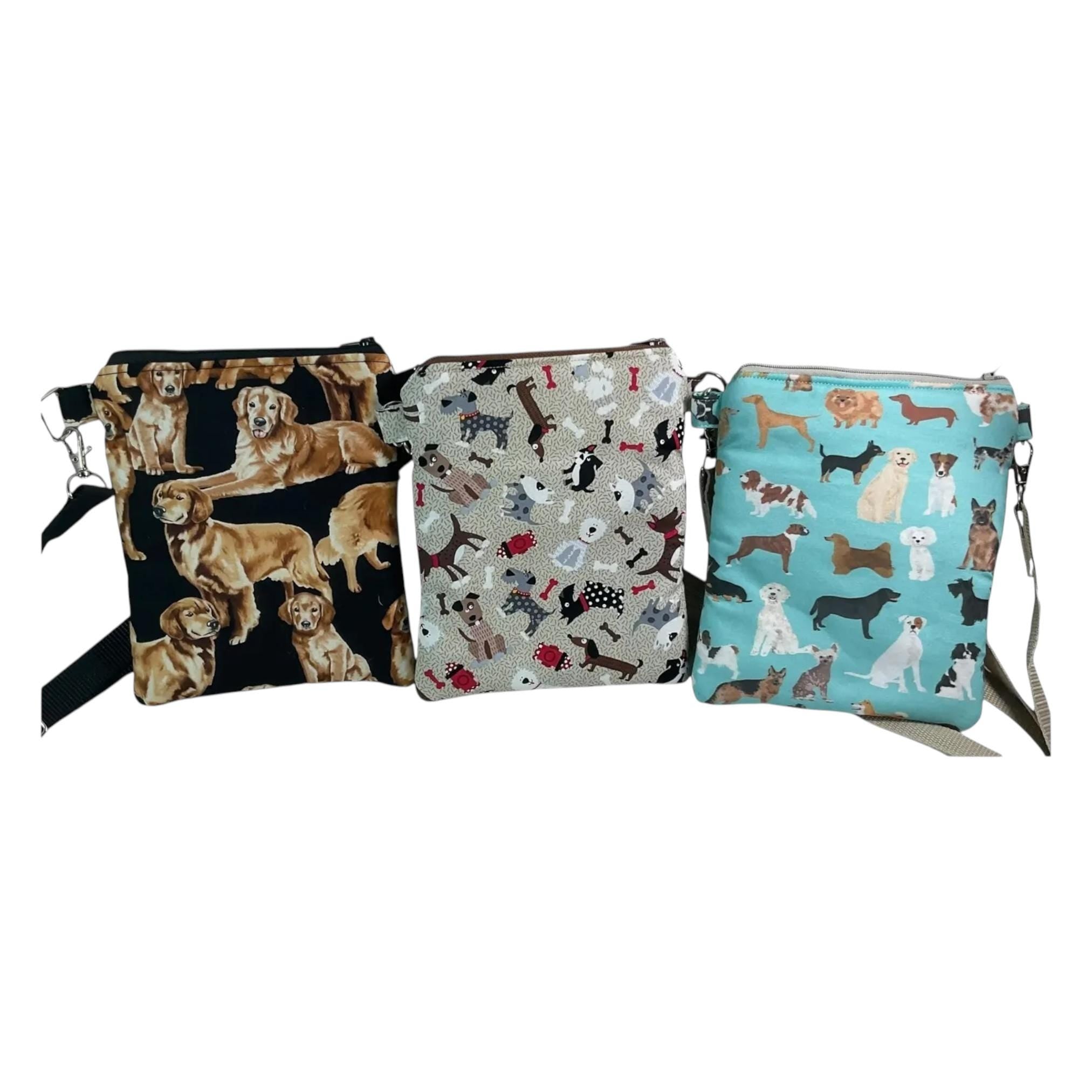 Slim phone shoulder bag with multi pockets and dog print, teen messenger phone pouch, mini clutch bag, clubbing festival bag, dog lover gift