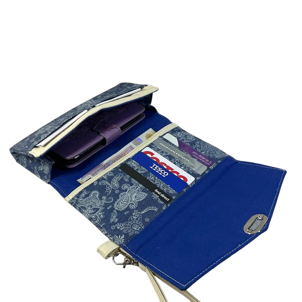 Clutch bag wristlet wallet for phone and cards/ cash, small phone bag in faux leather and floral fabric, evening clubbing purse, ladies gift