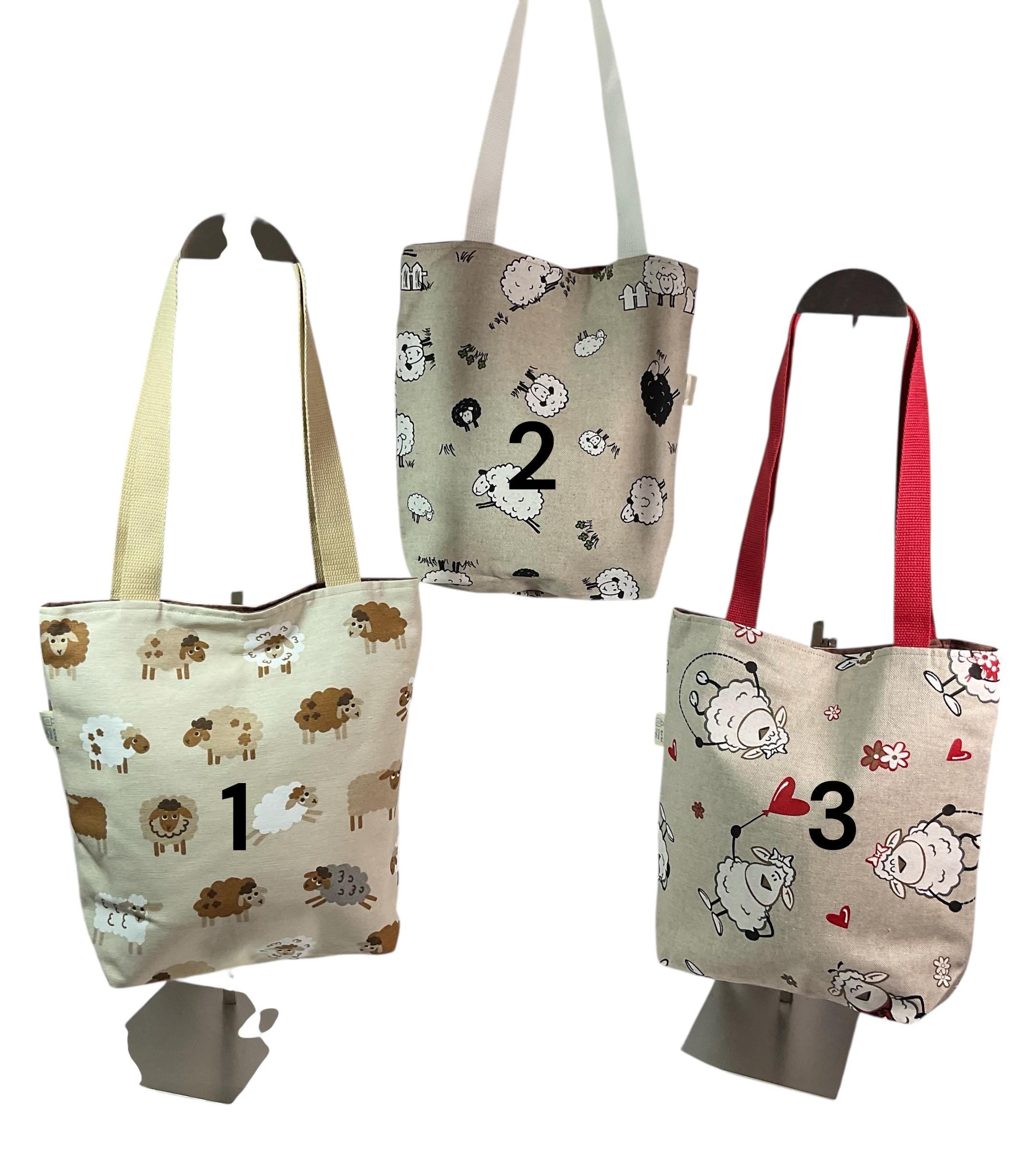 small sheep canvas tote bag, mini lined canvas shopping bag, knitters project gift