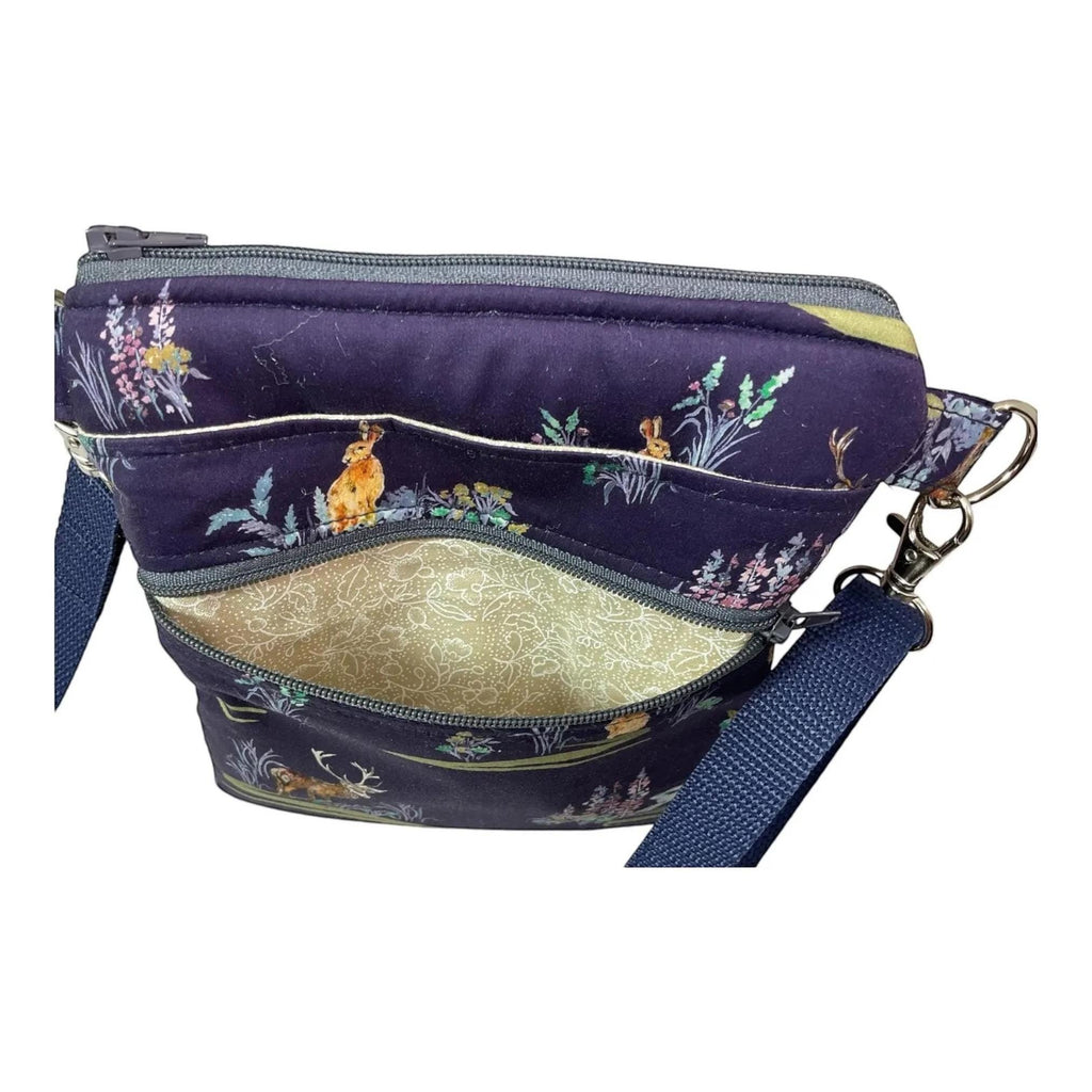 Liberty fabric slim phone shoulder bag with multi pockets, teen messenger style floral phone pouch, mini clutch bag, clubbing festival bag,