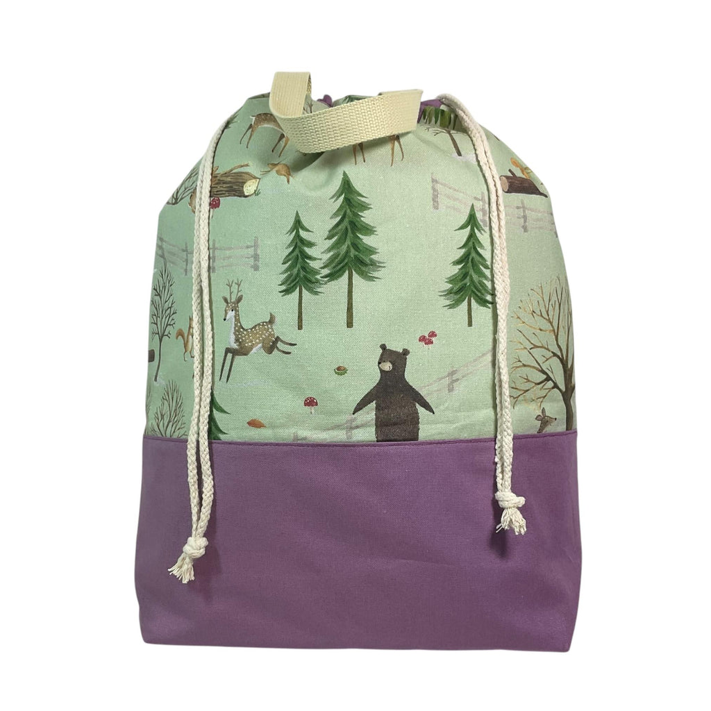 XXL  drawstring knitting bag with woodland creatures  print, supersized multi pockets project bag with handles, knitter and crafter gift