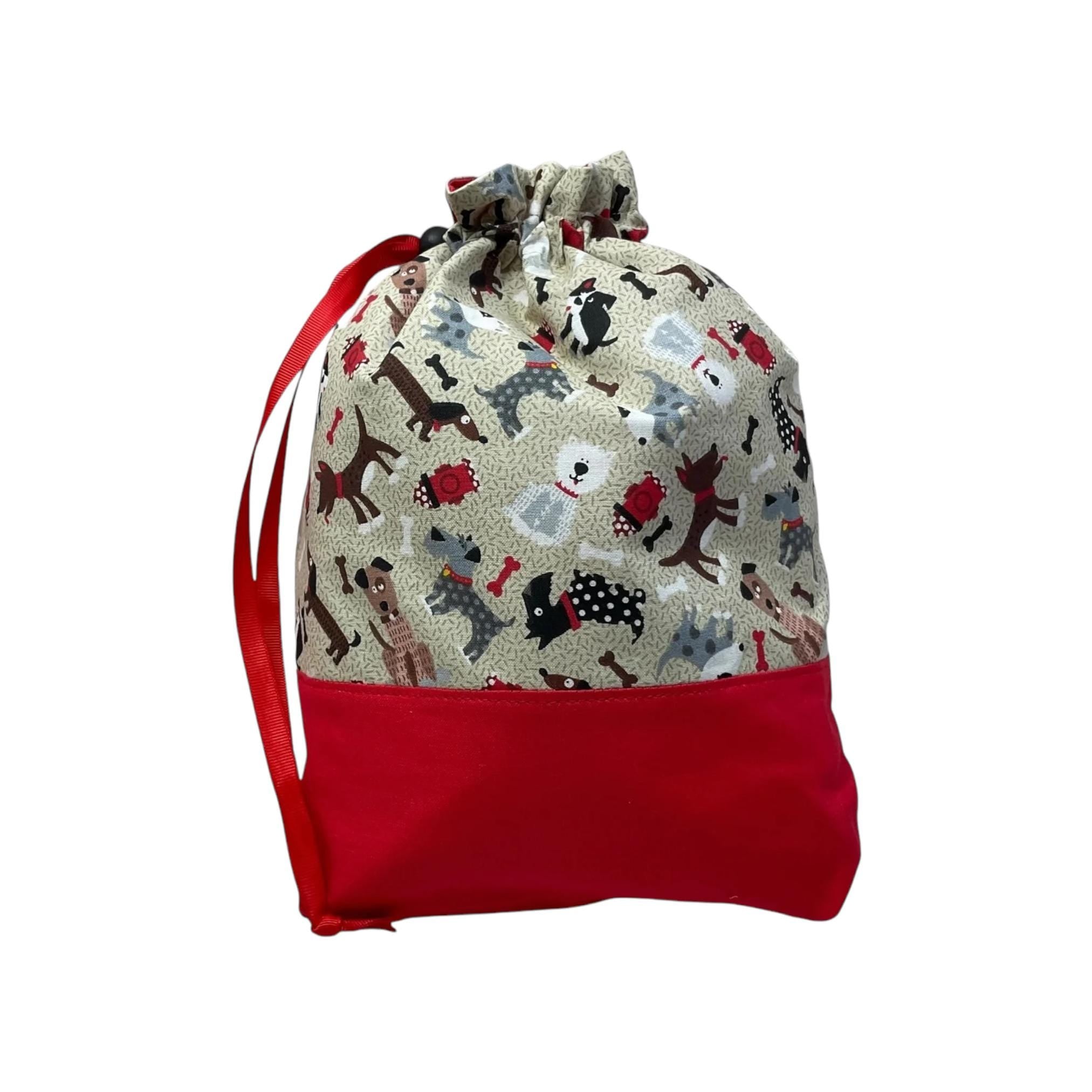 Two at a time knitting bag with dogs, medium sock sack, pink drawstring divided, shoe, toiletries, work in progress bag , WIP bag