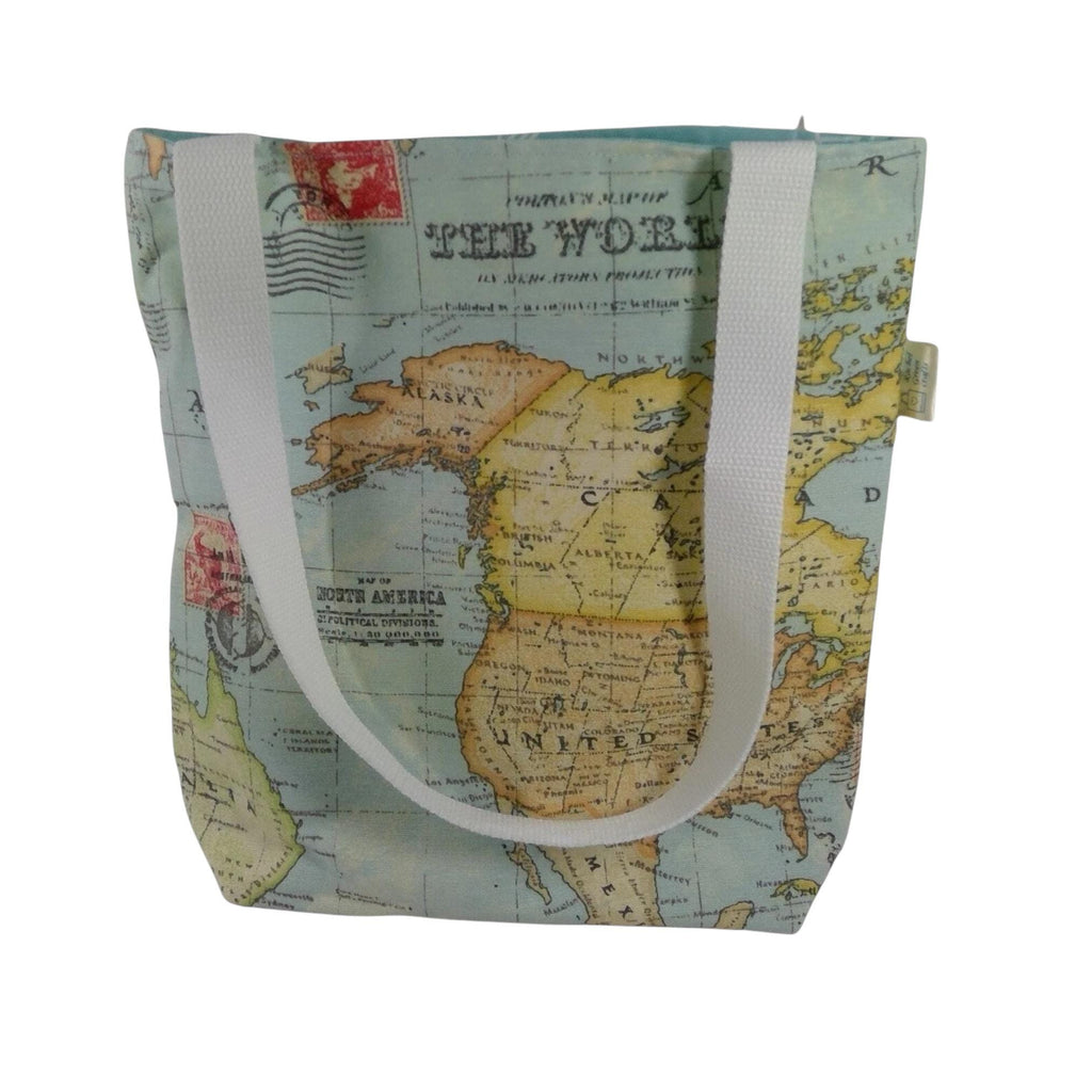 Map print Small cotton canvas tote bag, USA map book purse, lined tote, mini shopping bag, small project bag, girls shoulder purse