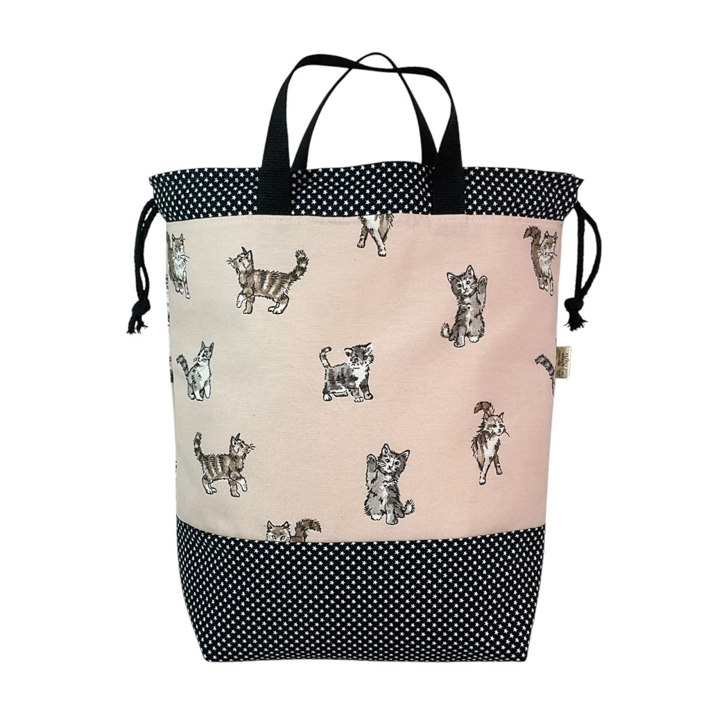 Extra Large drawstring knitting bag with cat print, multi pockets project bag with handles