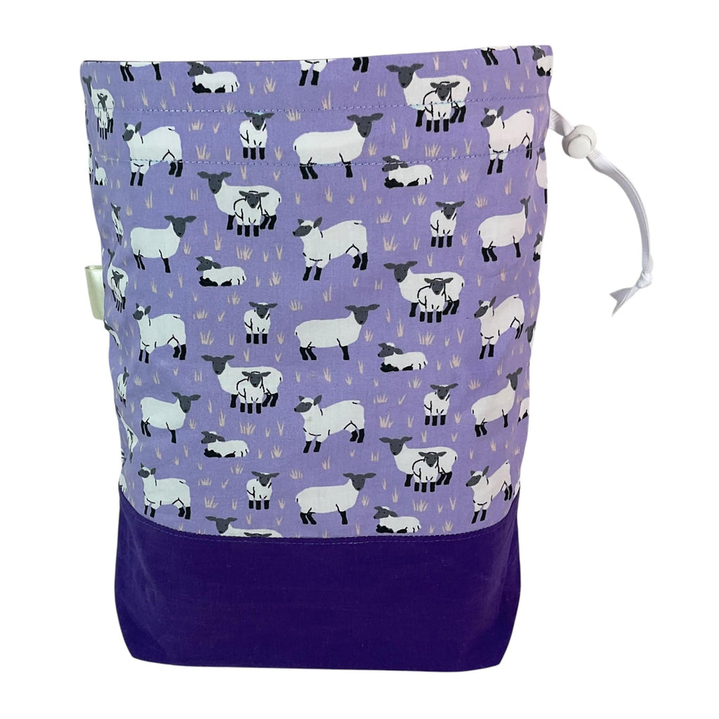 Knitting and crochet bag, Two at a time project bag with sheep print, drawstring divided sock sack, yarn work in progress pouch, purple gift