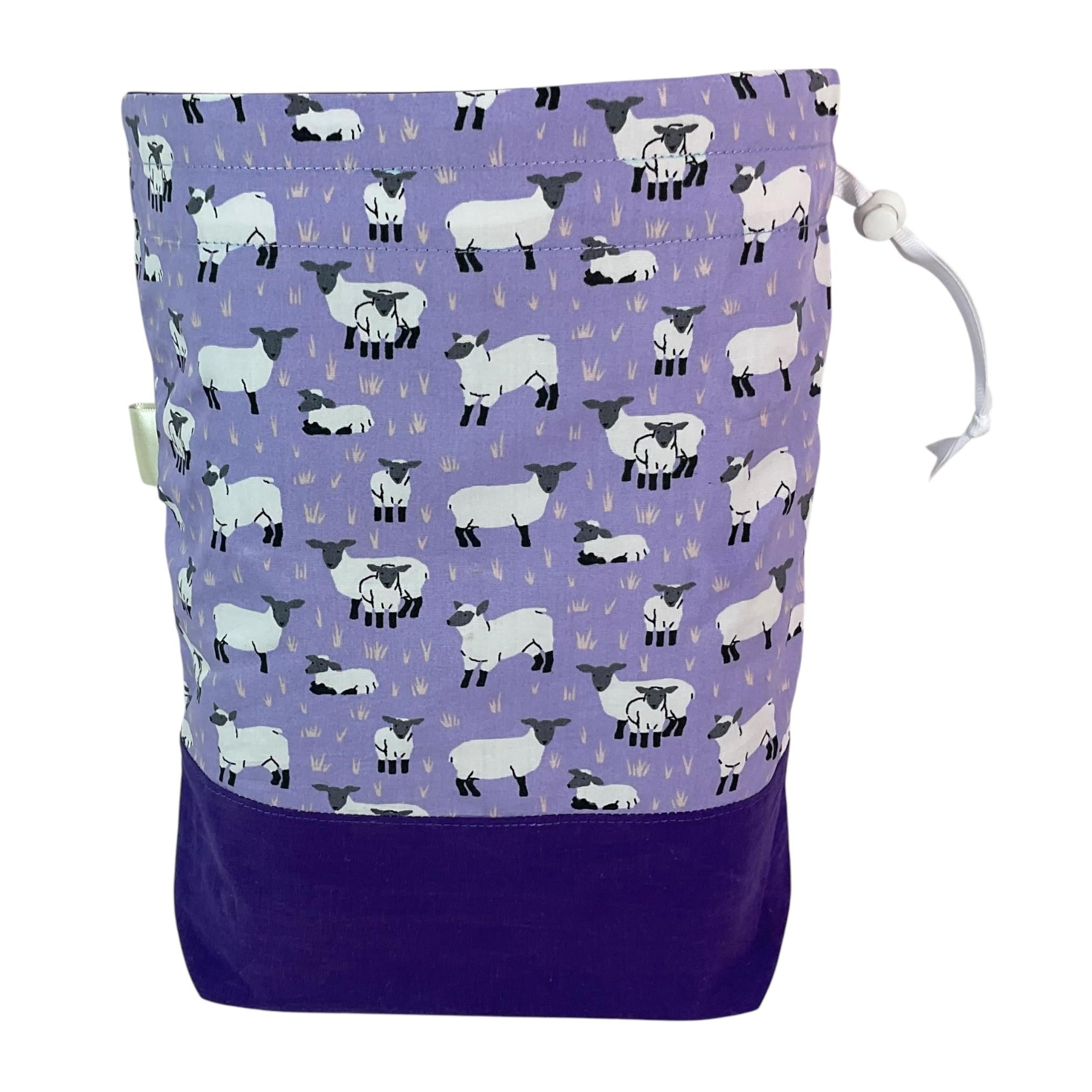 Knitting and crochet bag, Two at a time project bag with sheep print, drawstring divided sock sack, yarn work in progress pouch, purple gift