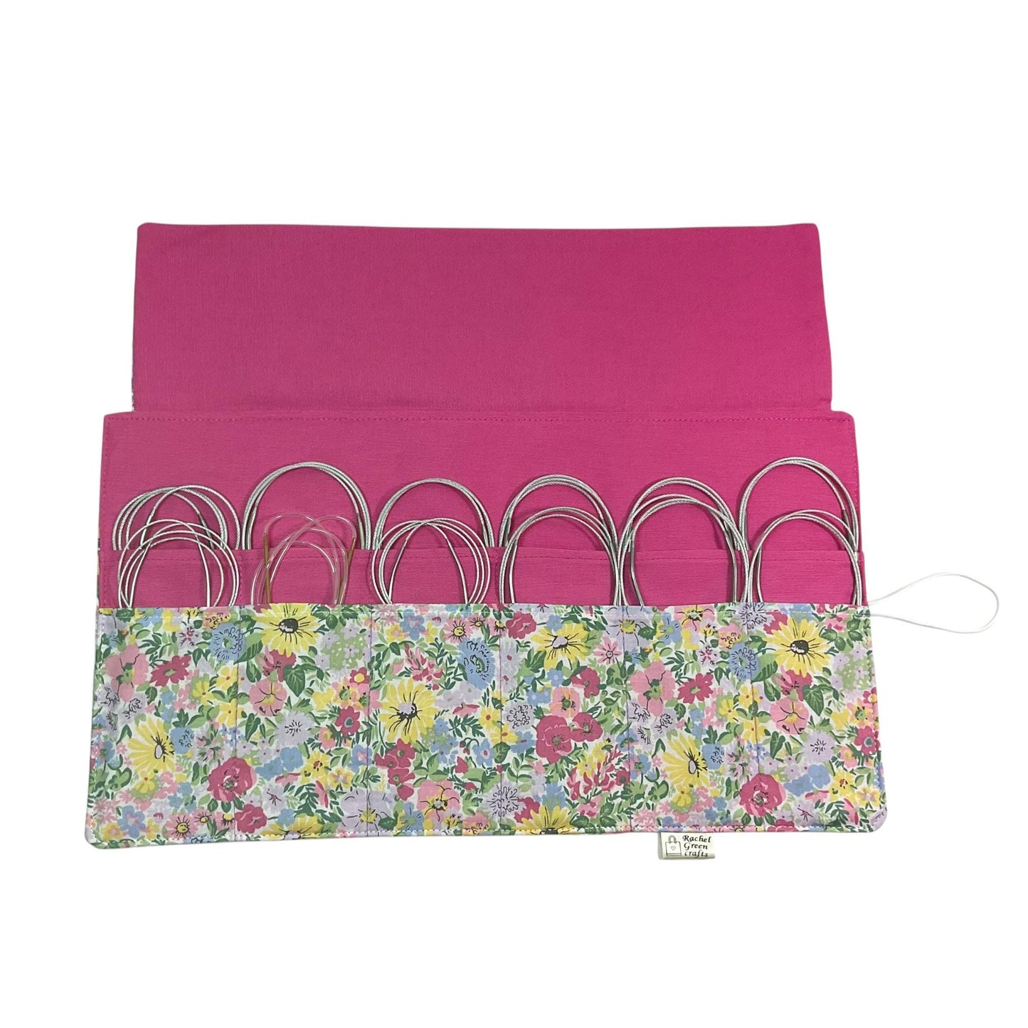 Circular knitting needle case made from Liberty floral fabric