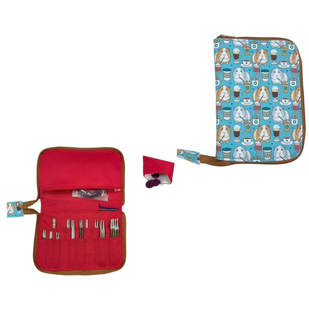 Interchangeable knitting needle case with guinea pigs and coffee , pet lover knitters gift, knit pro organiser pouch, hiya hiya wallet,