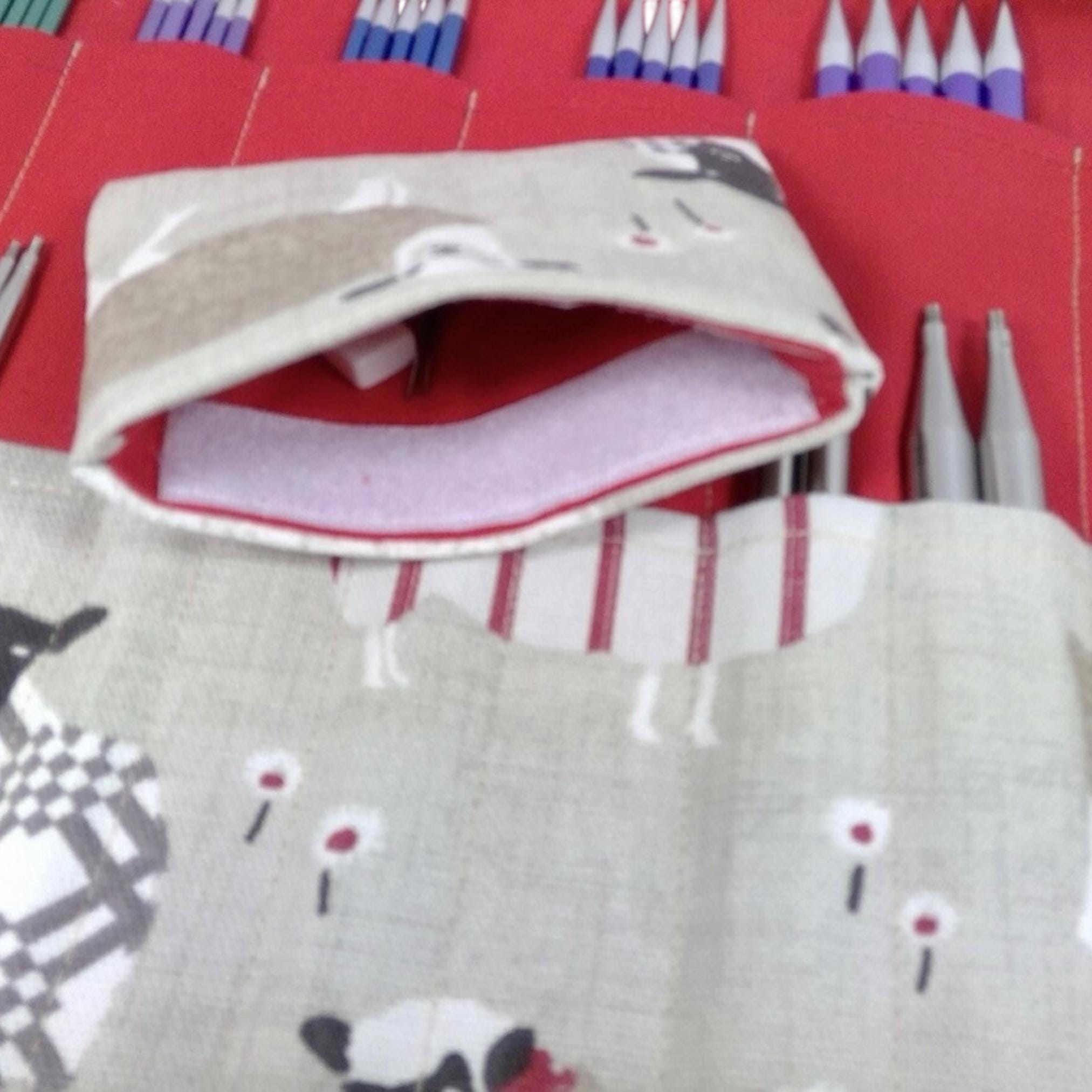 interchangeable and double pointed needle case with red sheep, knitting needle pouch, hiya hiya case, knit pro wallet