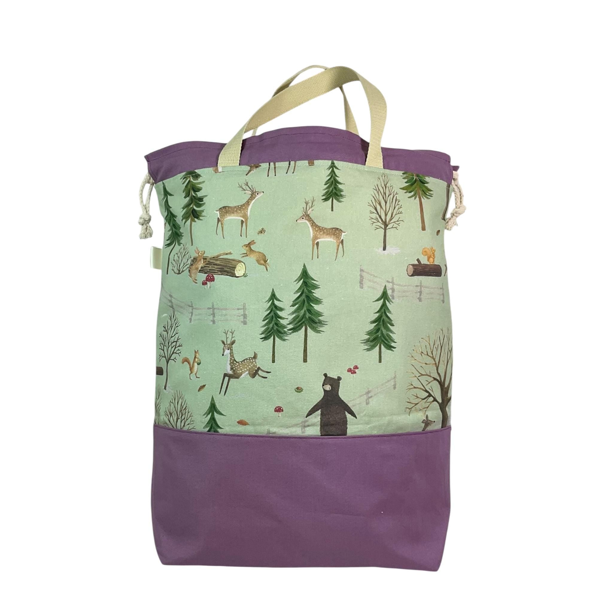 XXL  drawstring knitting bag with woodland creatures  print, supersized multi pockets project bag with handles, knitter and crafter gift