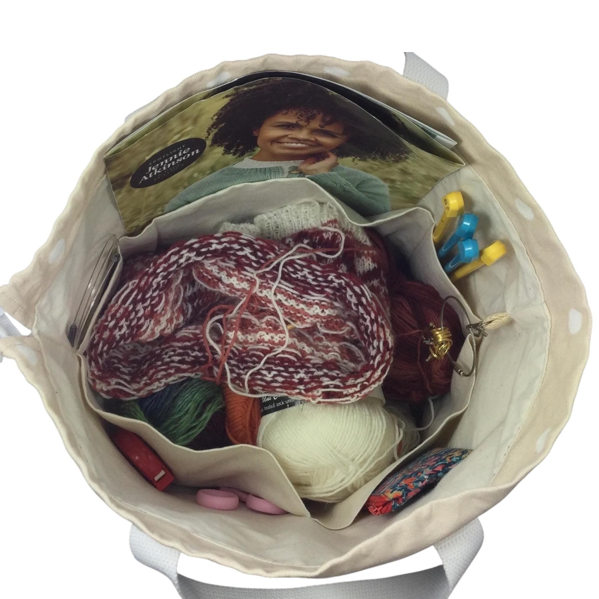 Liberty fabric Extra Large drawstring knitting bag with floral print, multi pockets project  bag with handle, flower lover gift