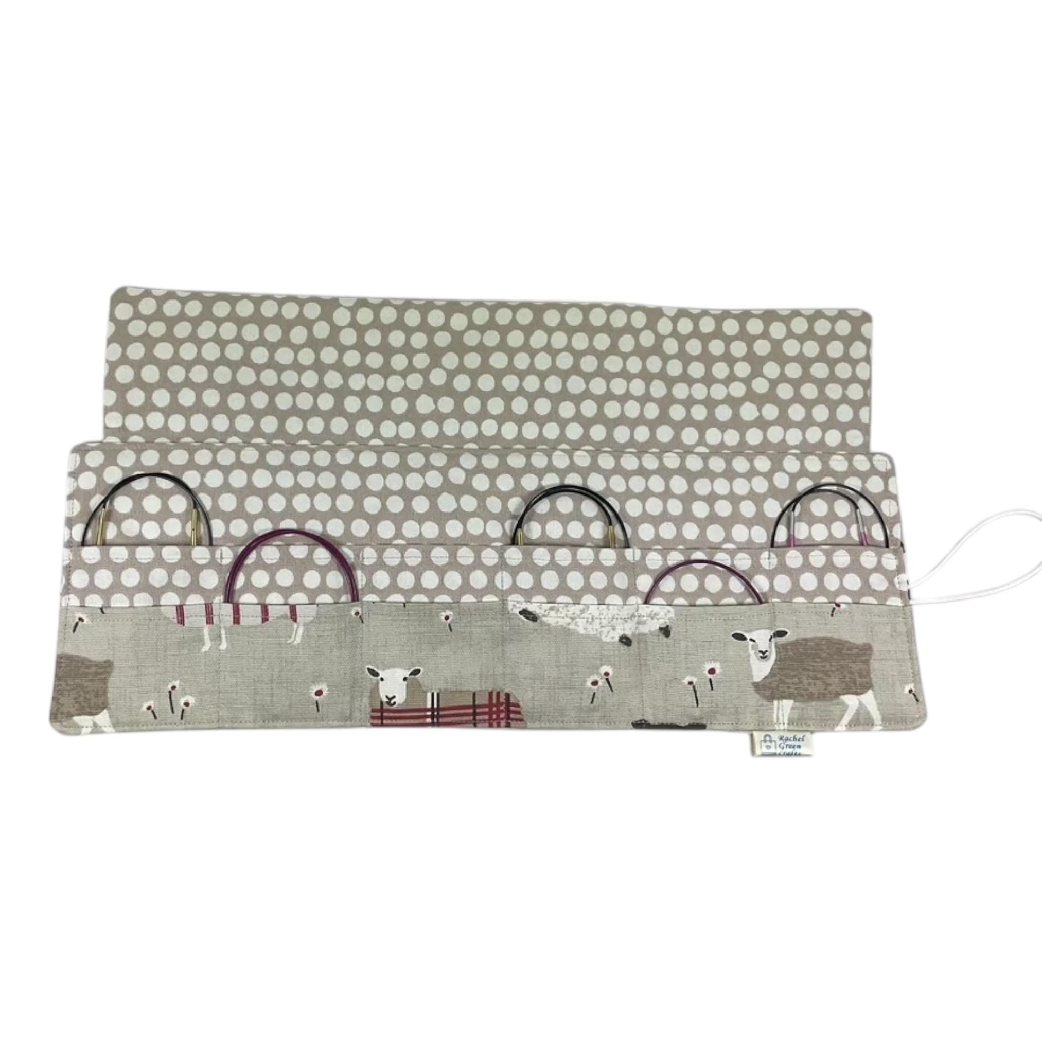 Short Circular knitting needle case with sheep, 40cm small diameter wallet, fixed 16", 9", 12" needle storage, knitters gift, needle holder,