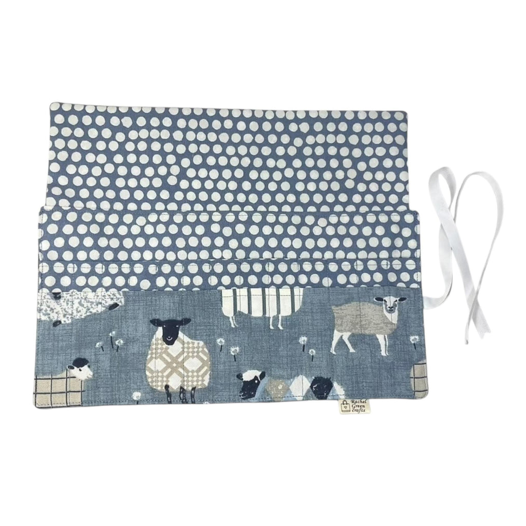 Crochet hook case with blue sheep, ergonomic hook organiser, roll up case, Sheep lover gift, knitters gift, Crochet gift,  hook storage