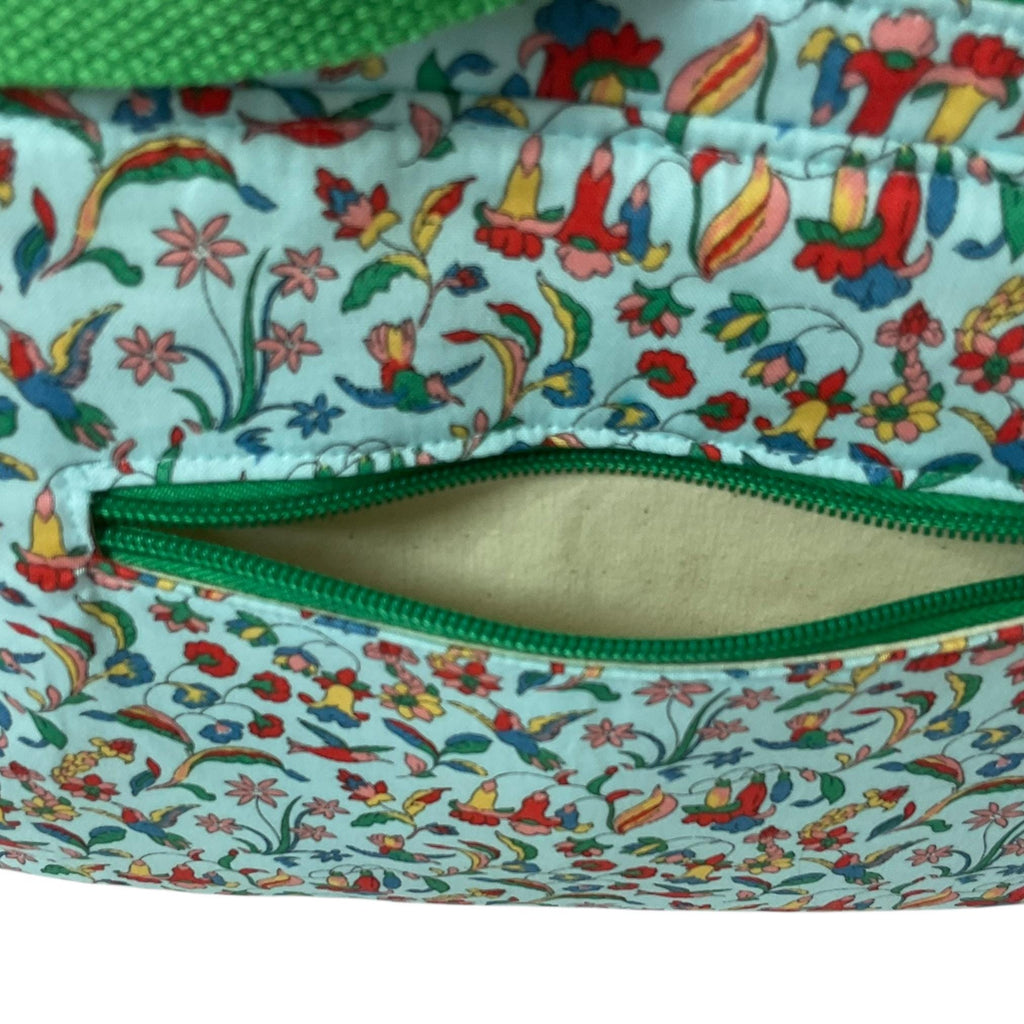 large toiletries bag made from  Liberty fabric, with handles and pockets in and outside, bird Waterproof lined wash pouch, ladies gift