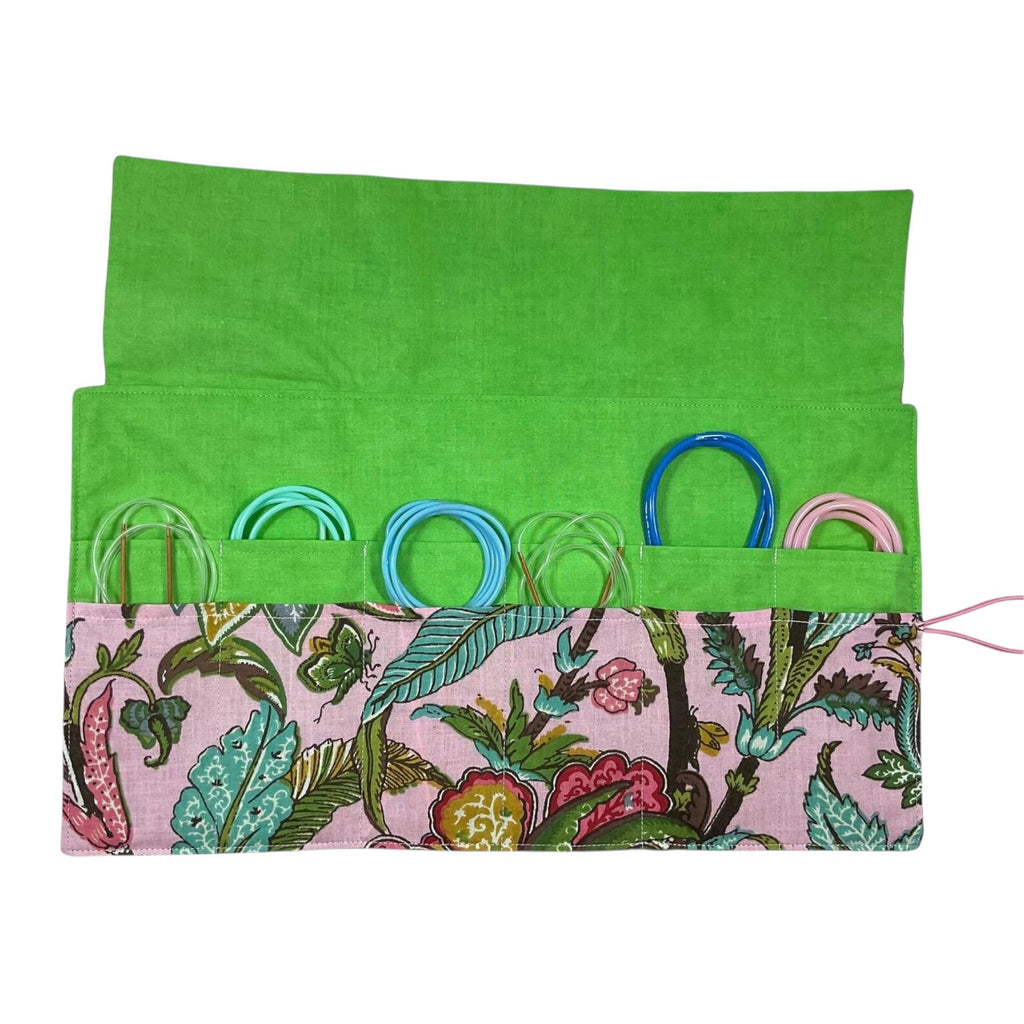 Floral Circular knitting needle case with butterflies, butterfly fixed circular sock needles pouch, knitting needle roll, knitters gift