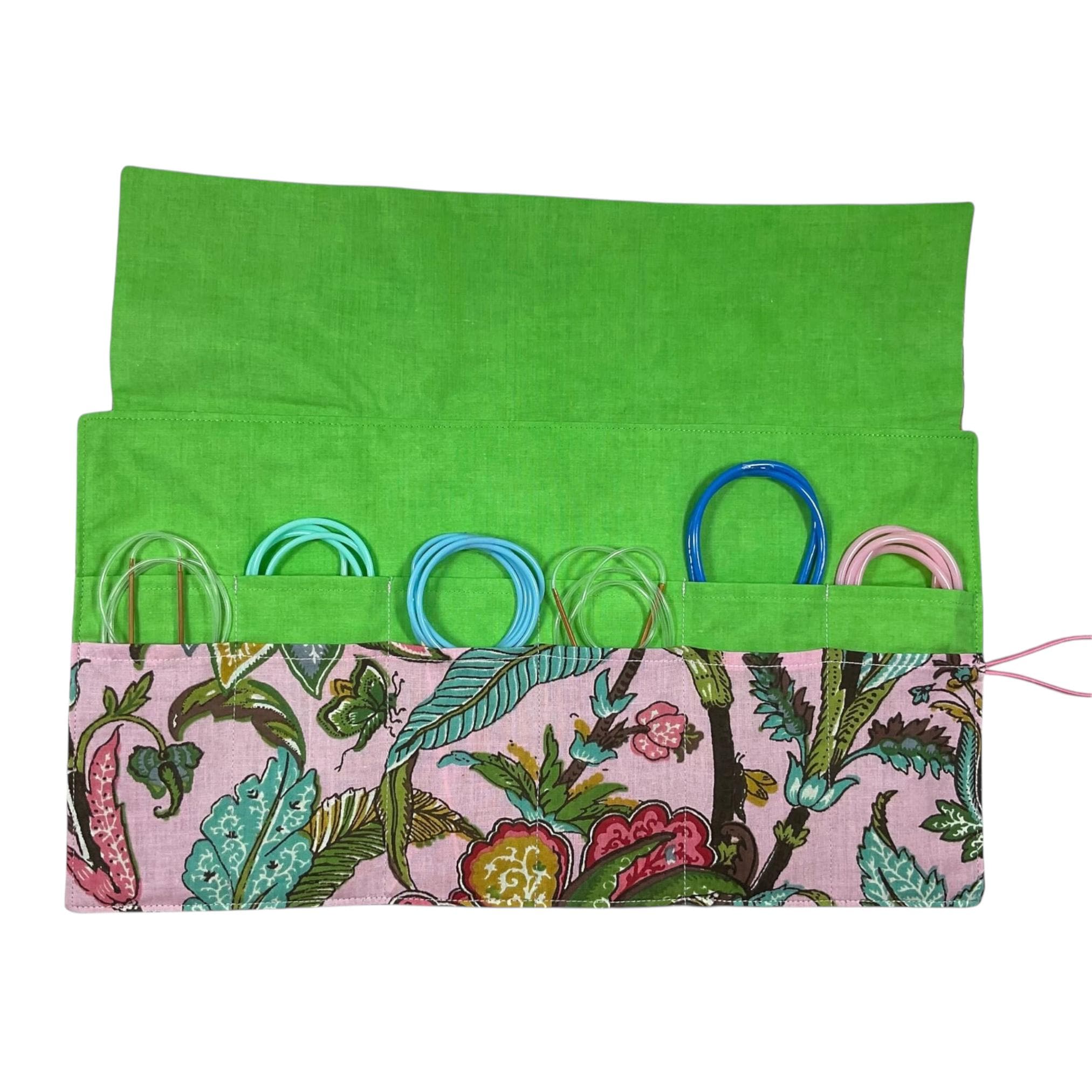 Floral Circular knitting needle case with butterflies, butterfly fixed circular sock needles pouch, knitting needle roll, knitters gift