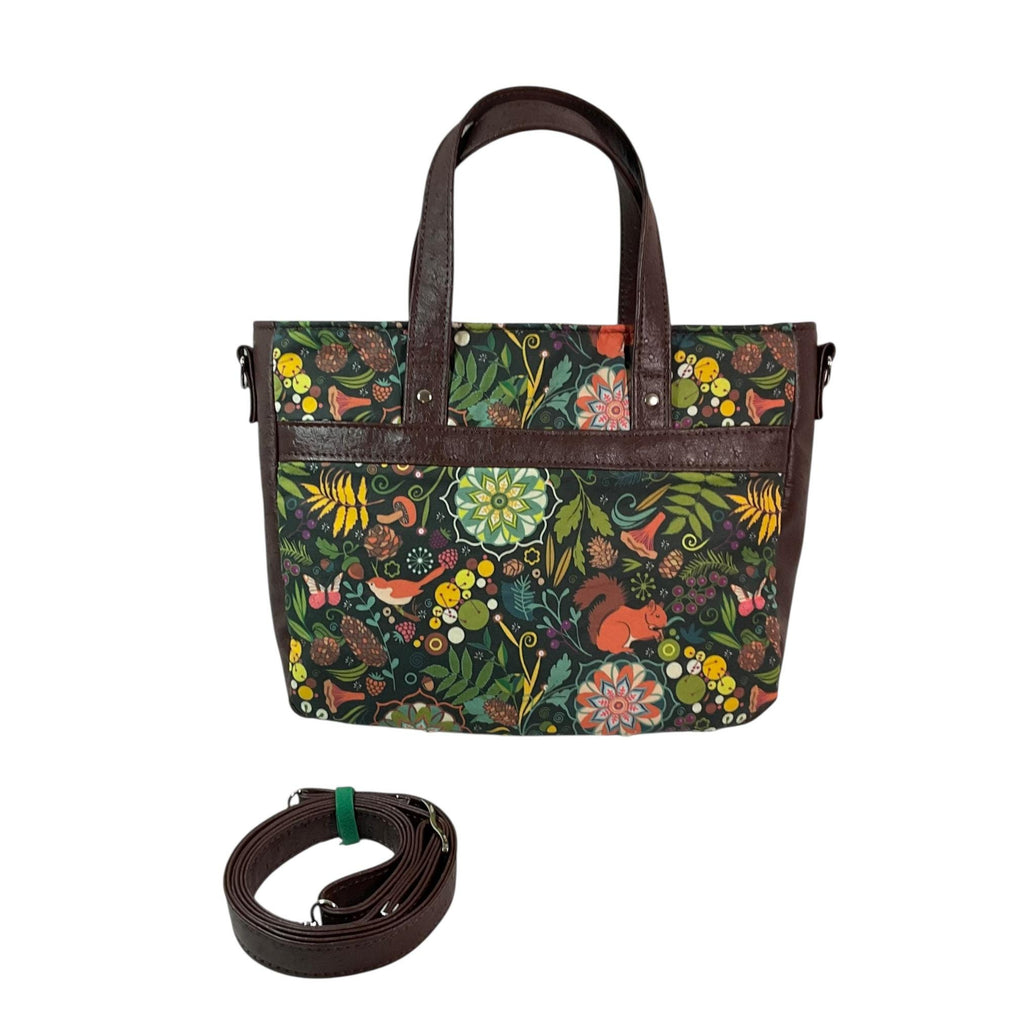 Crossbody Handbag in fox and squirrel print,  made in chocolate shade faux leather,  large woodland shoulder tote, zip pocket,  ladies gift