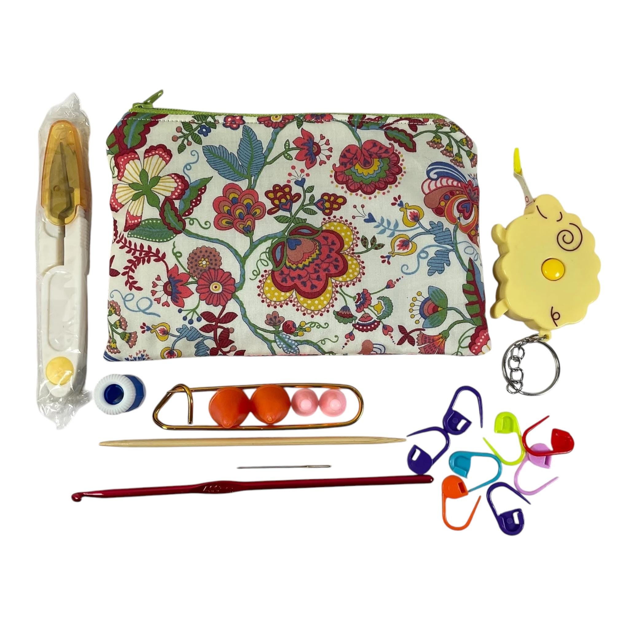 Notions kit for Knitters and crochet in liberty fabric and filled with craft tools, floral travel knitting kit, scissors, stitch holder