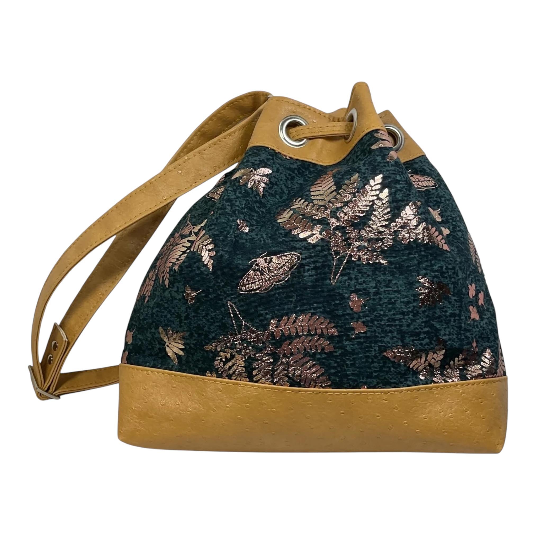 Ostrich Faux Leather Crossbody Bucket Bag: Rose Gold Butterfly Print