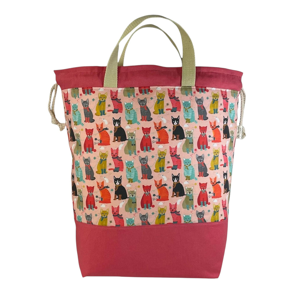 Extra Large drawstring knitting bag with cat print, multi pockets project bag with handle