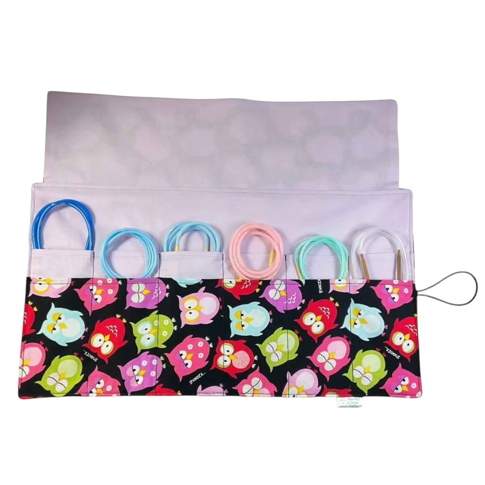 Circular needle case with owls,  fixed circular pouch, sock needle knitting roll, knitters gift, needle holder,