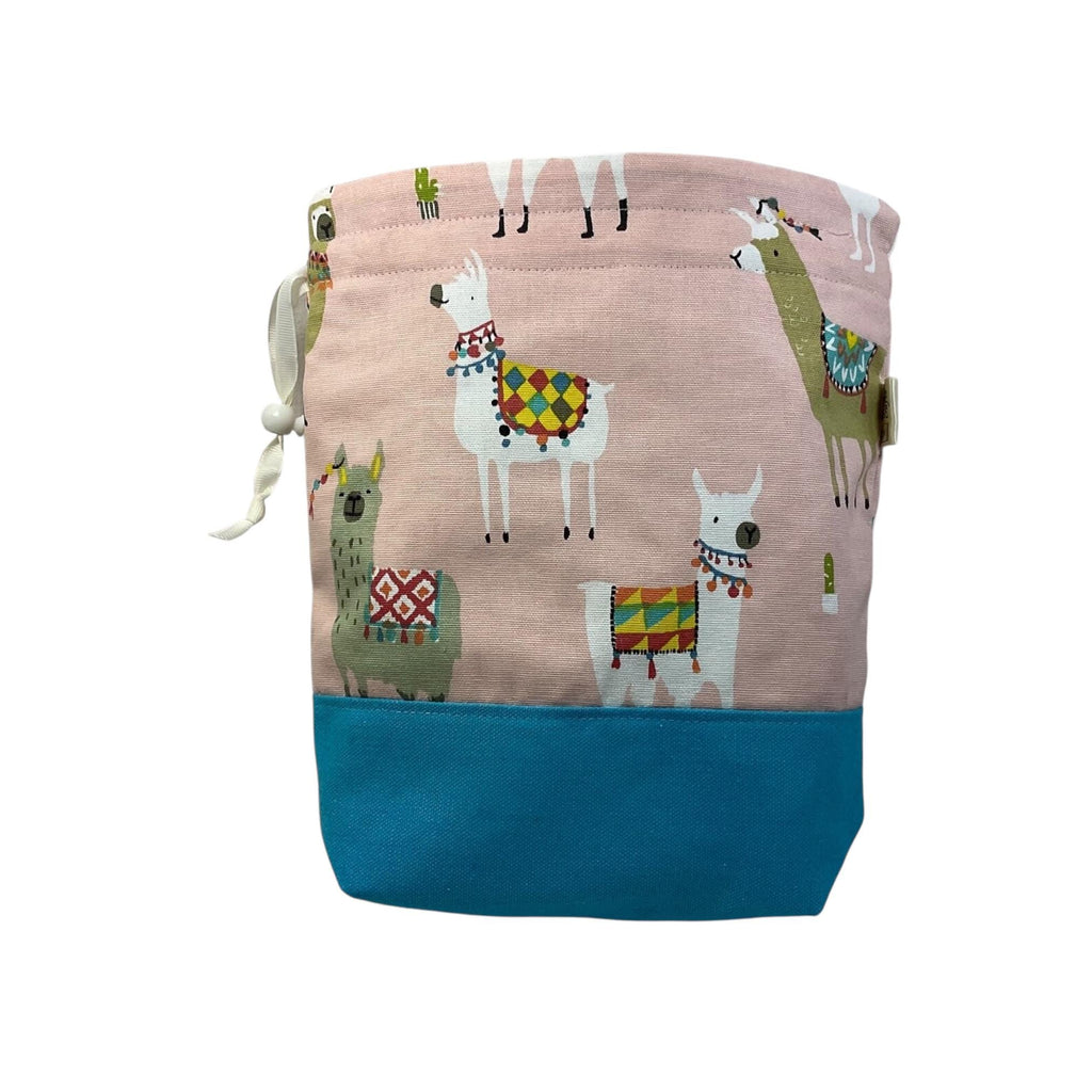 Two at a time knitting bag with llamas, blue medium sock sack, drawstring divided, shoe, toiletries pouch, work in progress, WIP bag