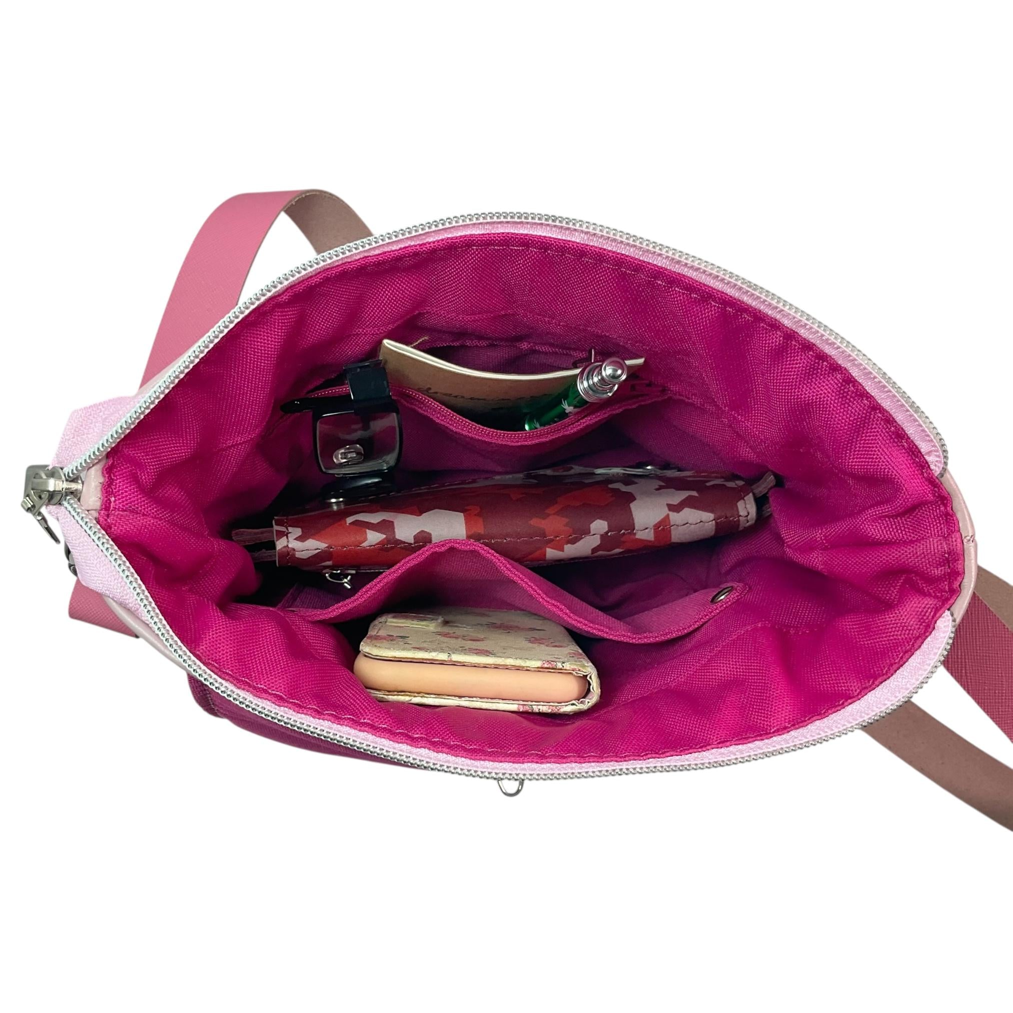 Satchel Handbag in genuine leather and Harris tweed pink pure wool,  medium sized zip top shoulder bag, pink lovers