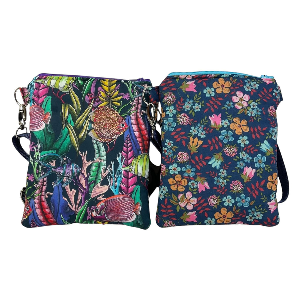 Liberty fabric slim phone shoulder bag with multi pockets, teen messenger floral phone pouch, fish mini clutch bag, clubbing festival bag,