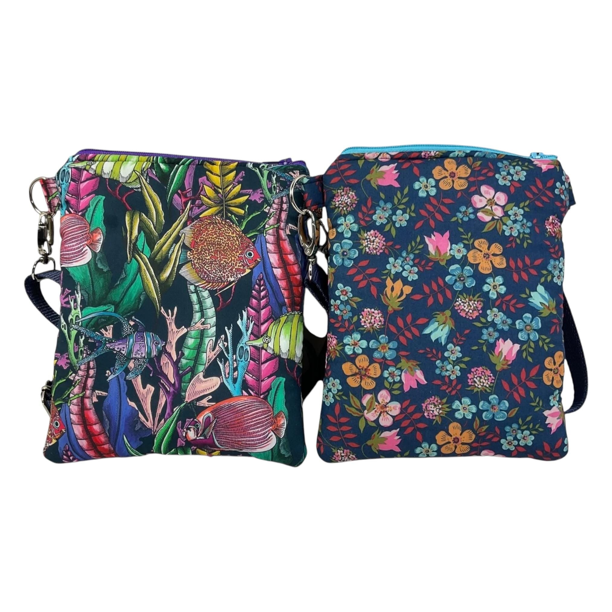 Liberty fabric slim phone shoulder bag with multi pockets, teen messenger floral phone pouch, fish mini clutch bag, clubbing festival bag,