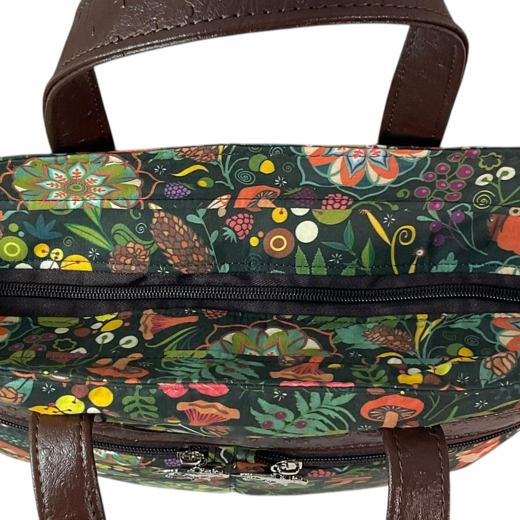 Crossbody Handbag in fox and squirrel print,  made in chocolate shade faux leather,  large woodland shoulder tote, zip pocket,  ladies gift