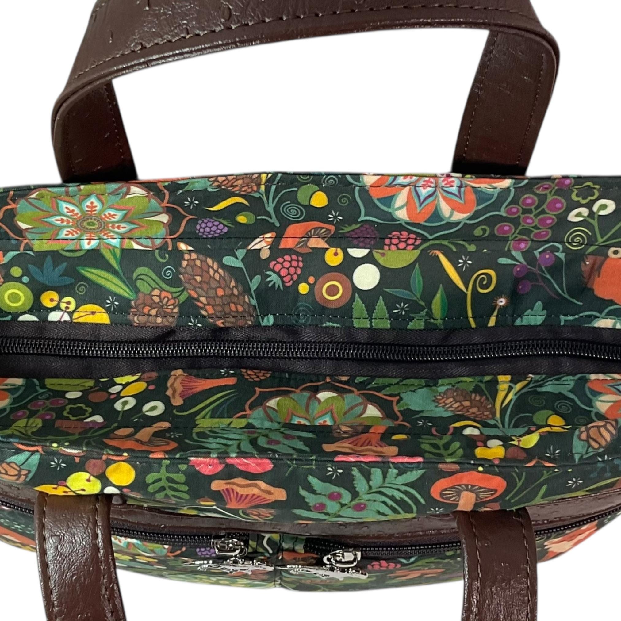 Crossbody Handbag in fox and squirrel print,  made in chocolate shade faux leather,  large woodland shoulder tote, zip pocket,  ladies gift