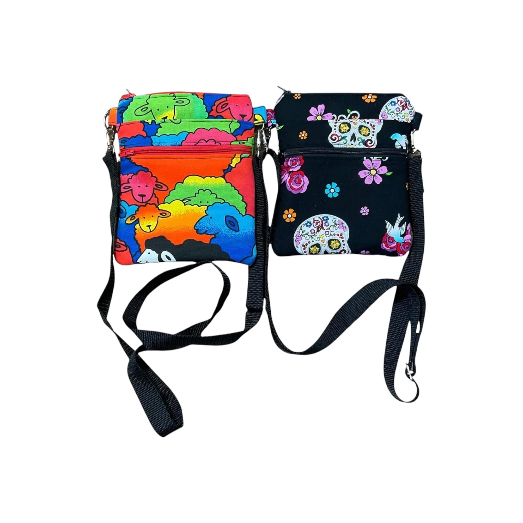 Colourful sheep print slim phone shoulder bag with multi pockets, teenager messenger sugar skull , mini clutch bag, clubbing festival bag