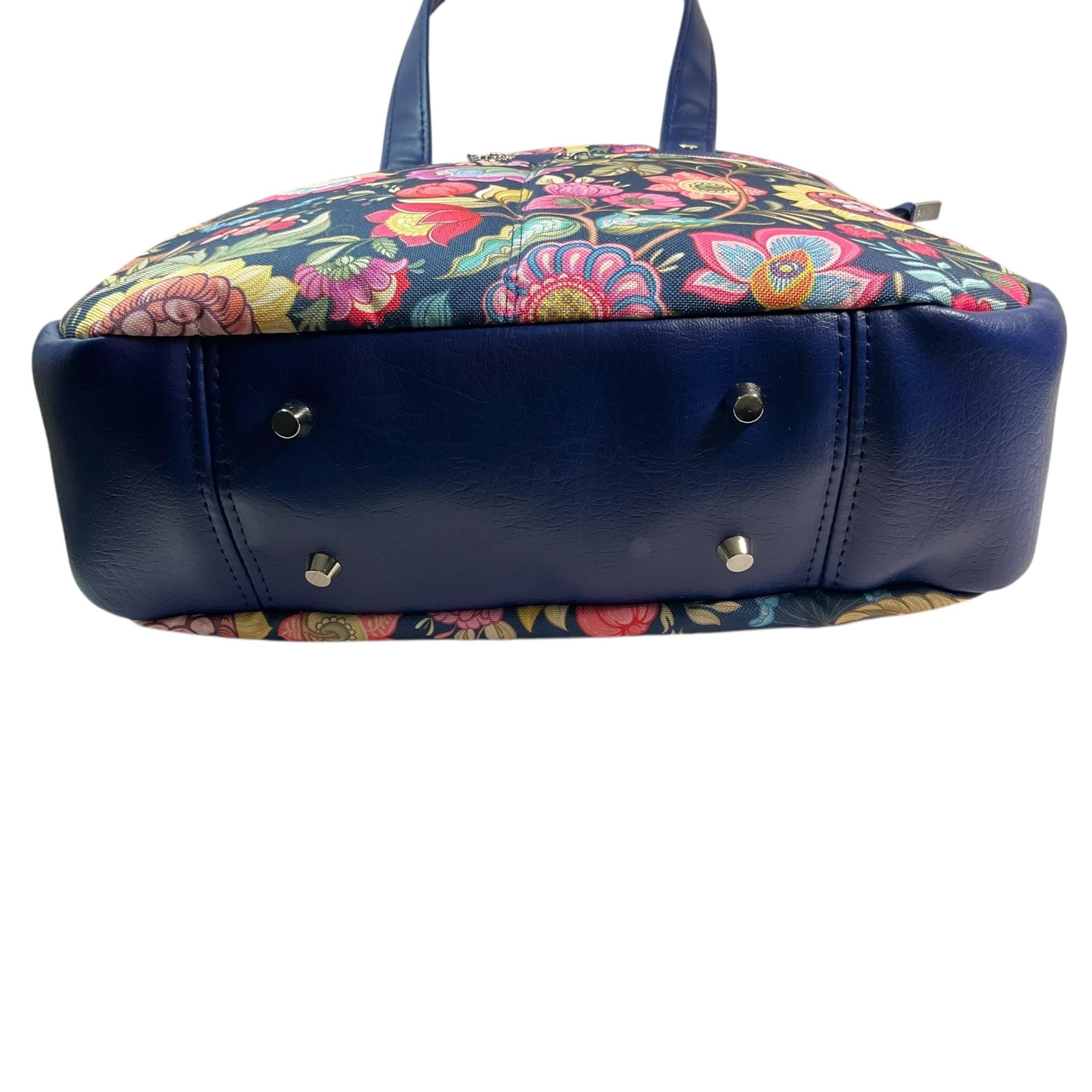 Crossbody Handbag with floral bird print, made in blue shade faux leather, unique large woodland shoulder tote, zip pocket,  ladies gift