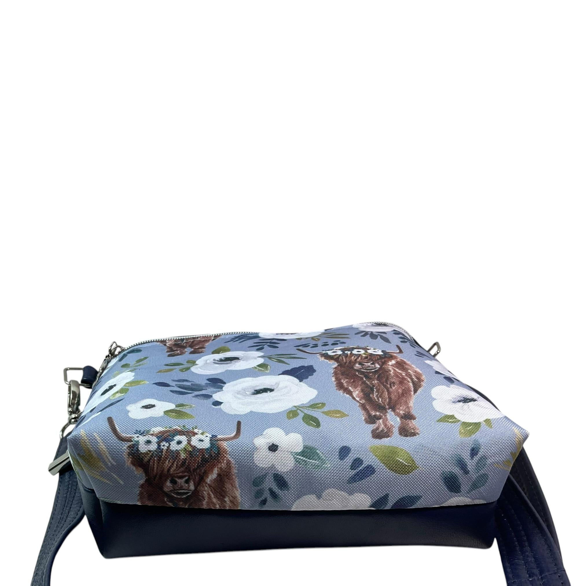 Royal Blue Lambs Leather Handbag: Highland Cow Floral Canvas Crossbody
