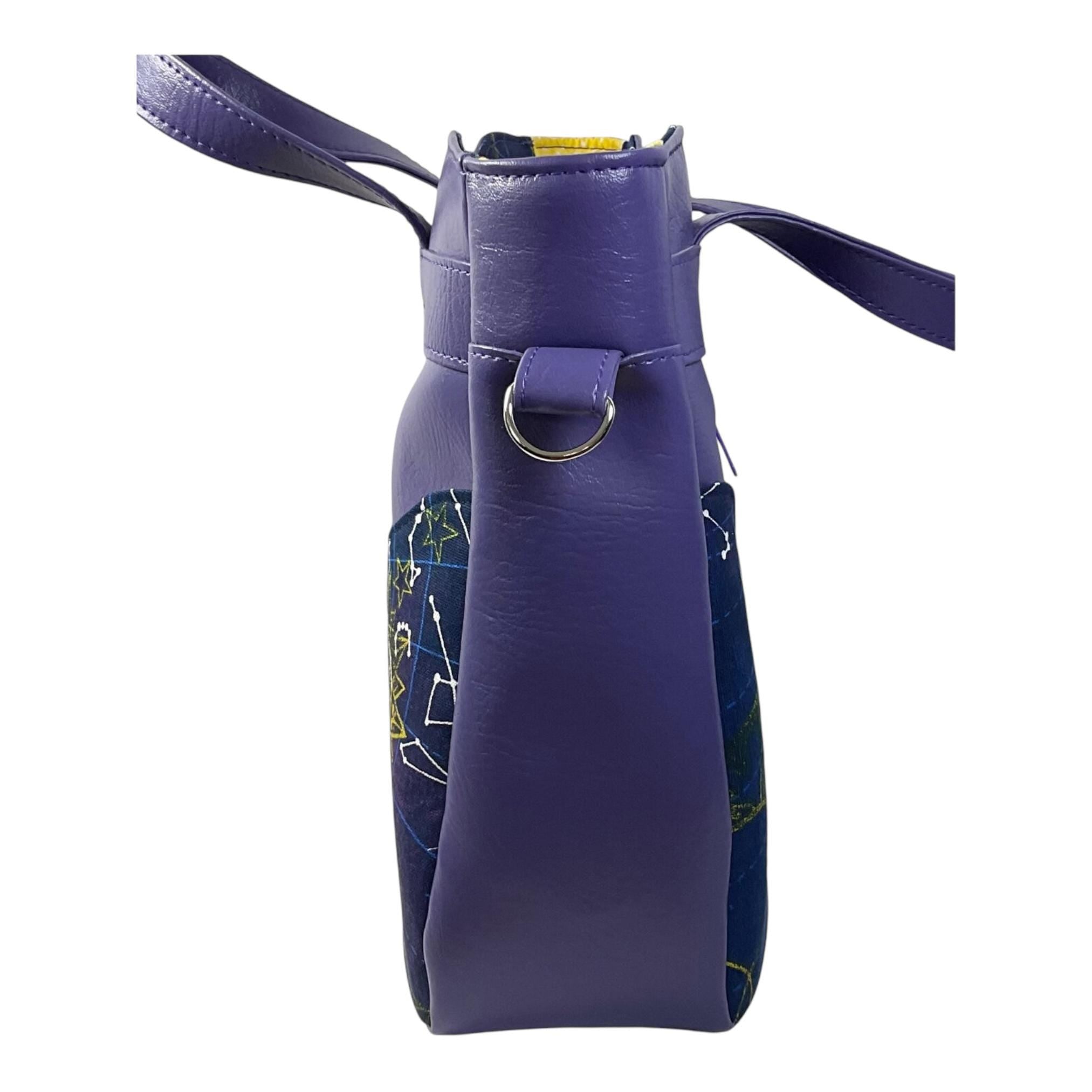 Handbag in faux leather and astrological space print, vegan ladies gift, handles and crossbody strap bag, rectangular shoulder zip pouch,