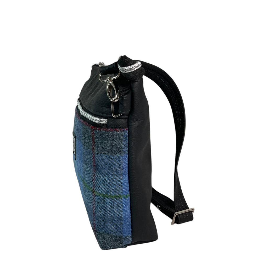 Handbag in genuine leather and Harris tweed tartan print pure wool,  blue and red  check medium sized zip top shoulder bag
