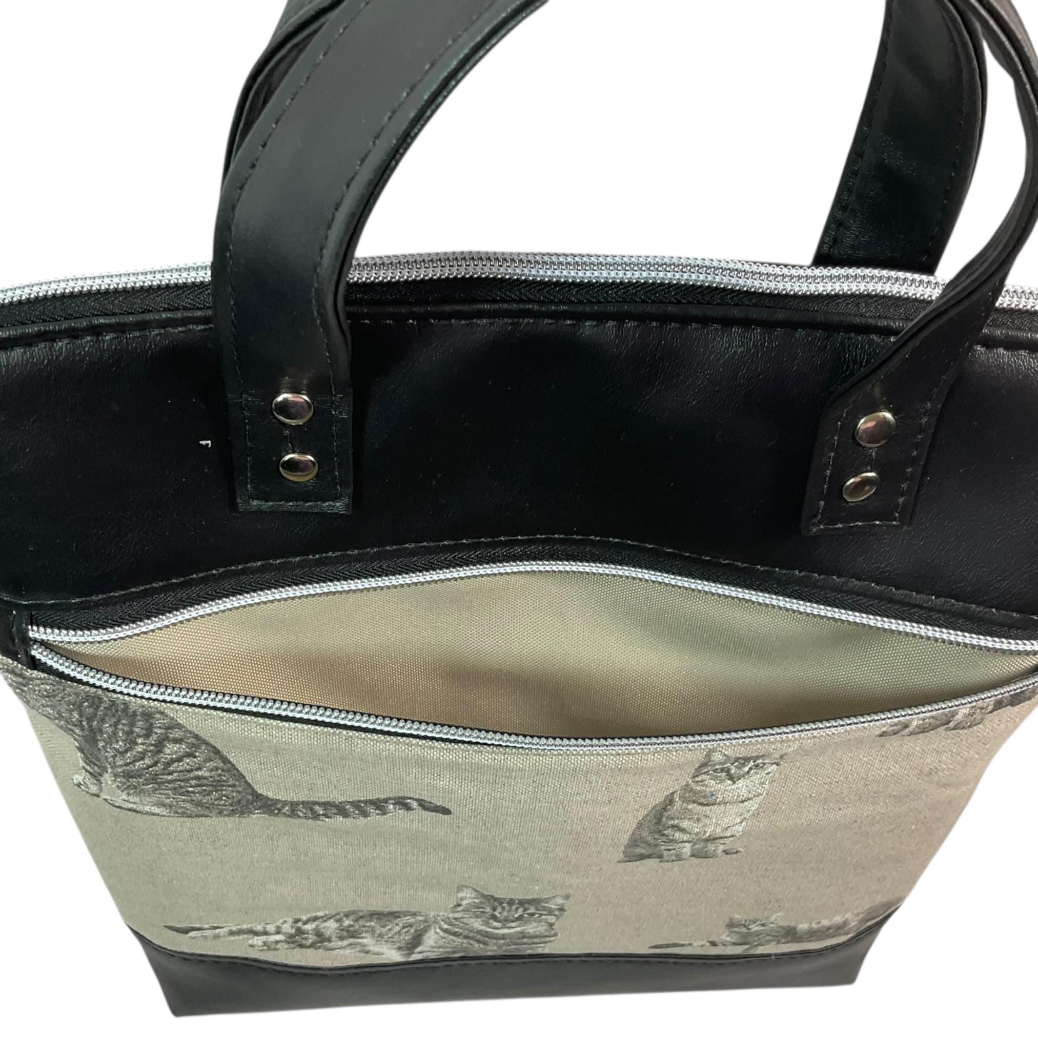 Handbag in faux Leather and monochrome tabby cat print  fabric, medium tote style zip top shoulder crossbody with carry handles
