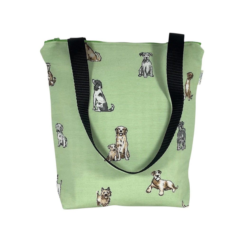 Dog print canvas tote bag with zip closure, pet lover small cotton book purse, bag with pockets  for dog lover, gift for girls