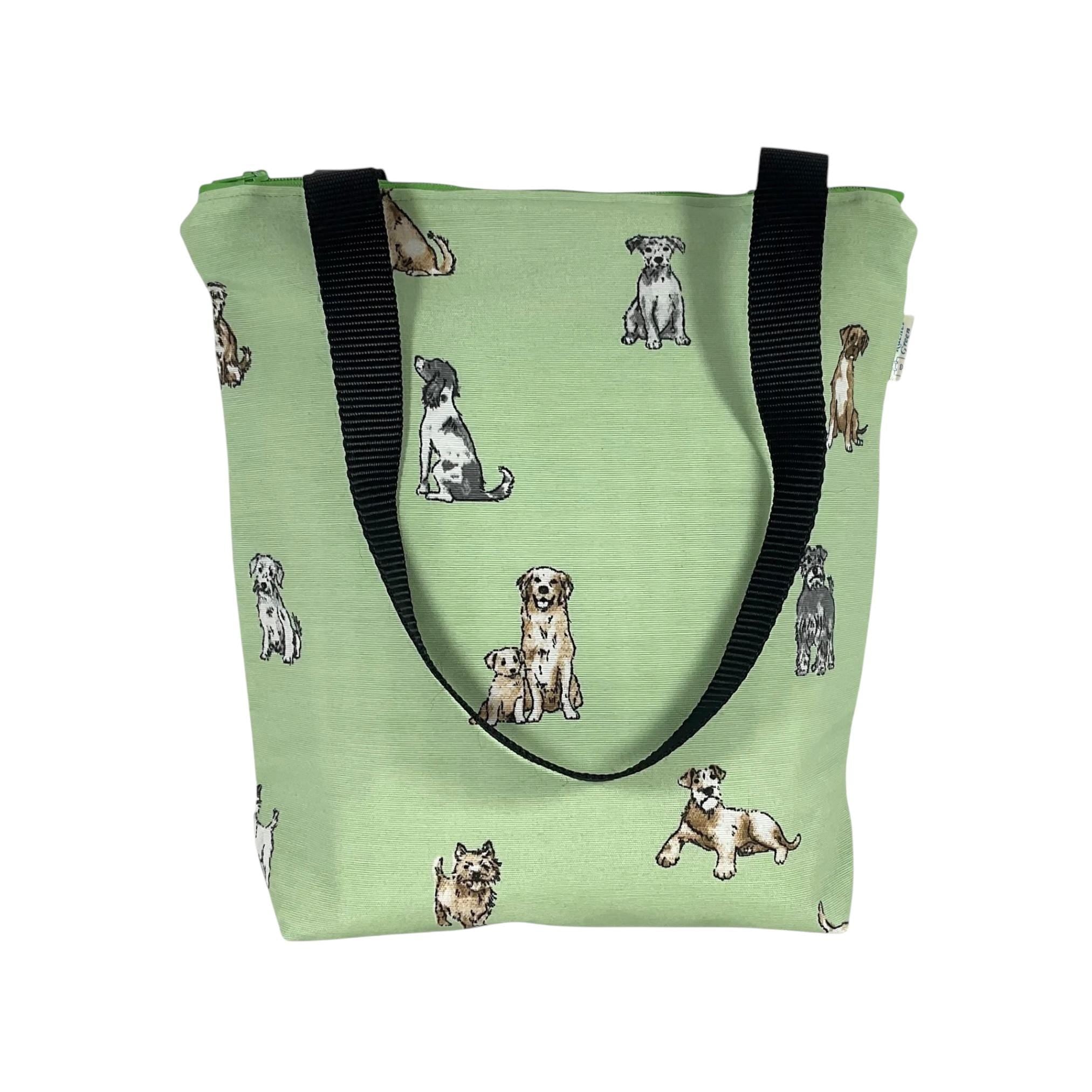 Dog print canvas tote bag with zip closure, pet lover small cotton book purse, bag with pockets  for dog lover, gift for girls
