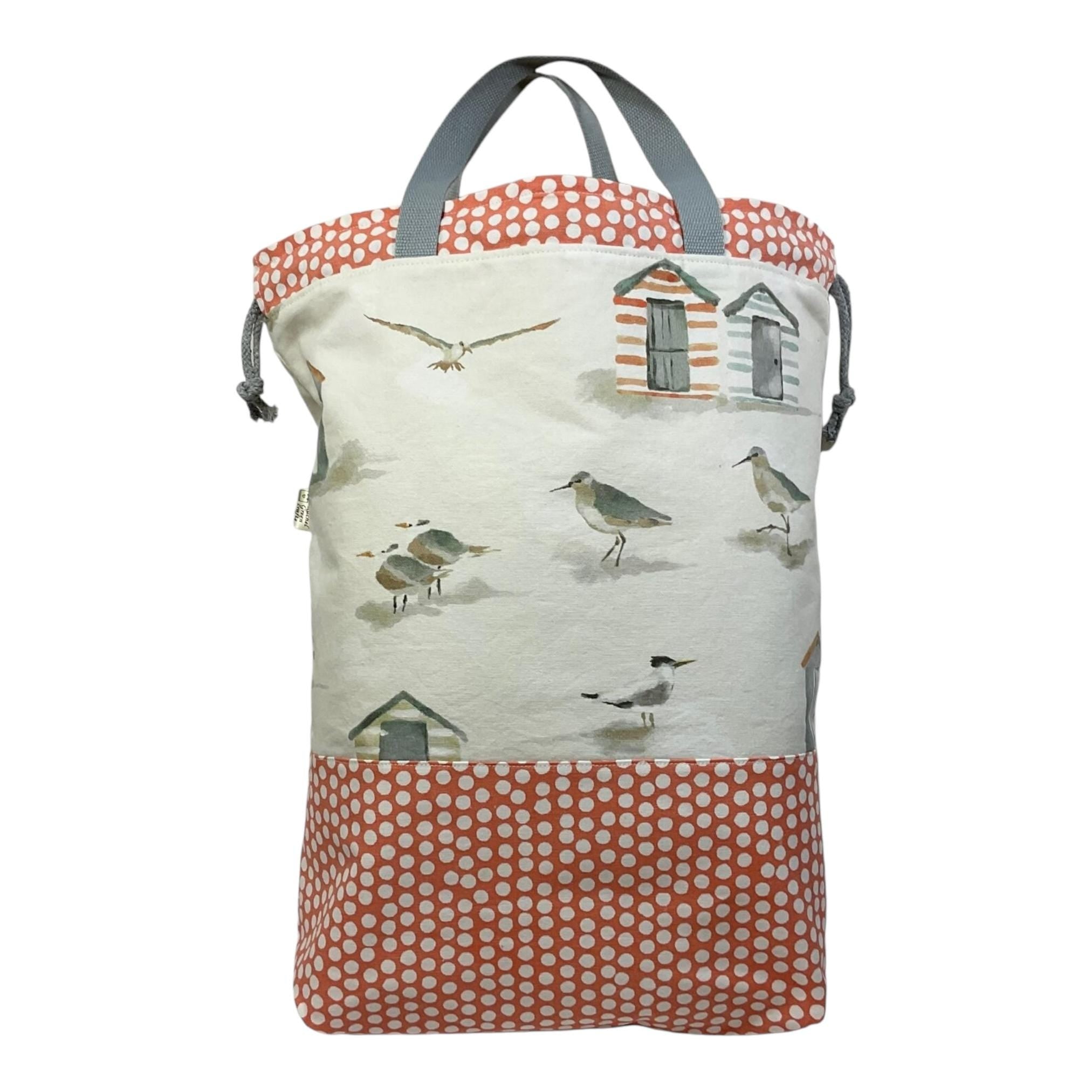 XXL  drawstring knitting bag with seaside beach print, supersized multi pockets project bag with handles, ladies gift