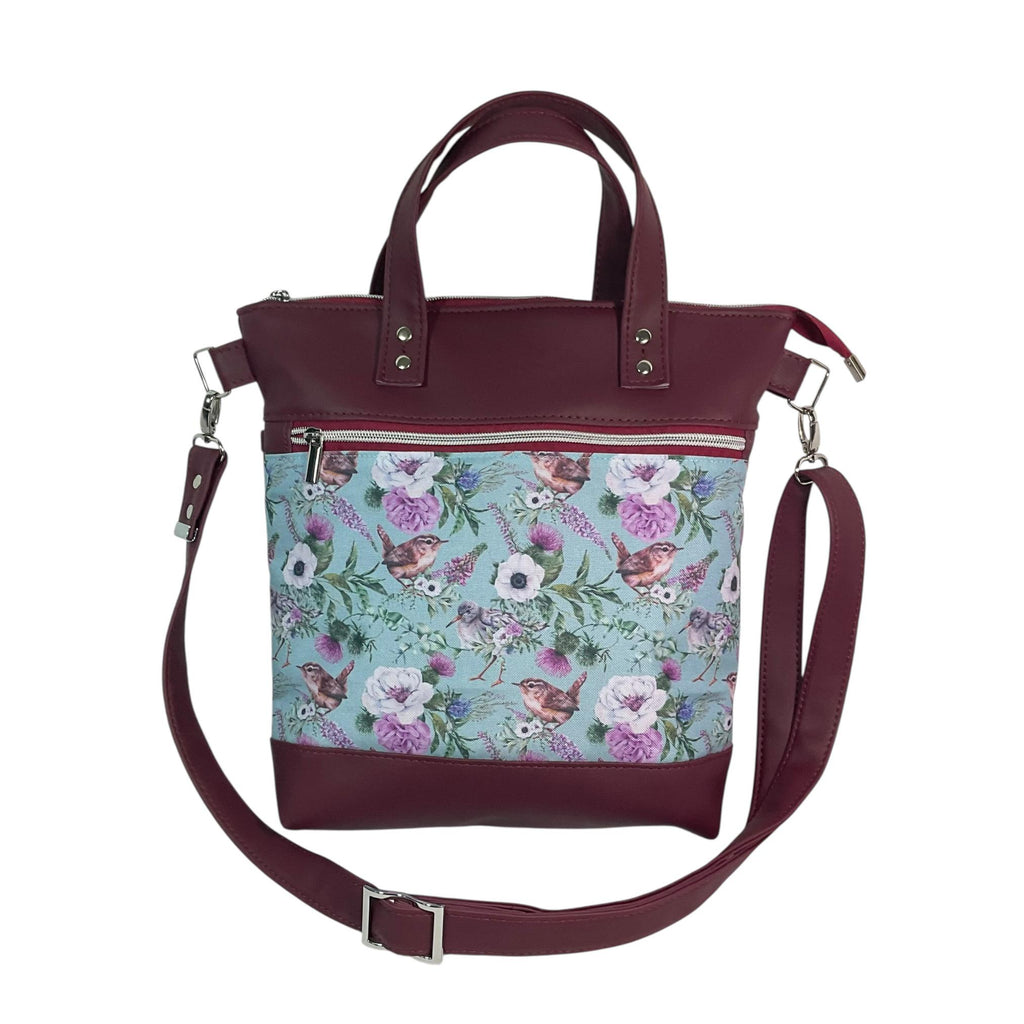 Handbag in faux Leather and bird  print  fabric, medium tote style zip top shoulder crossbody with carry handles