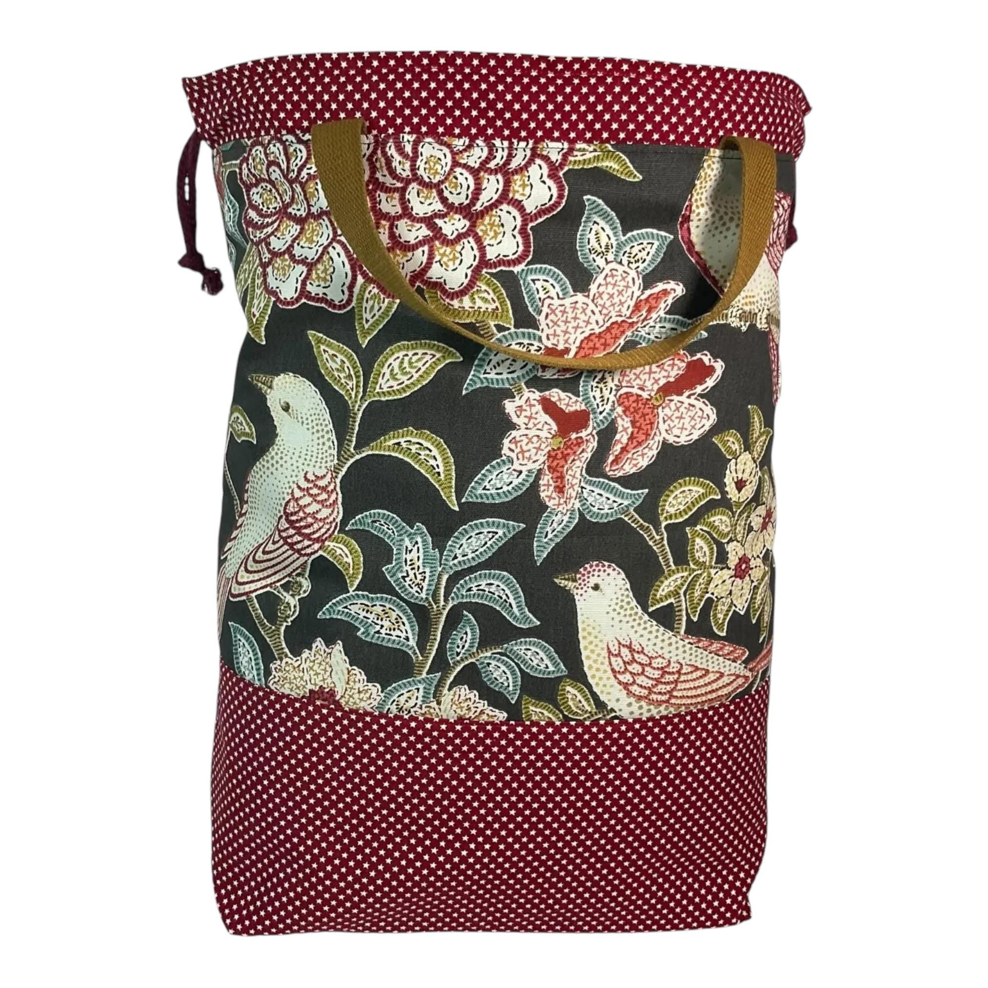 XXL Knitting Project Bag: Floral Bird Print, Multi-Pocket Drawstring Tote
