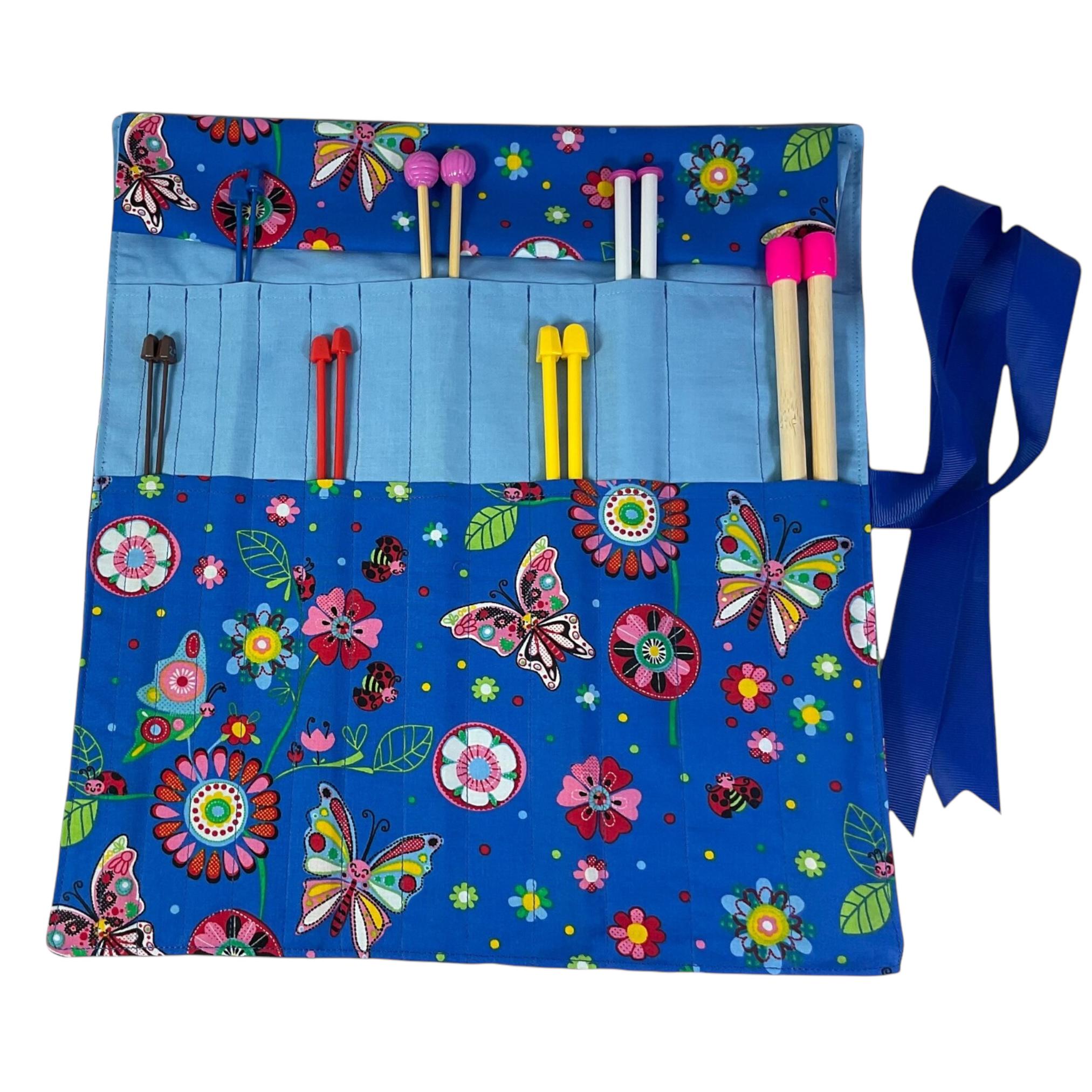 Straight knitting needle case with ladybirds, butterflies and flowers, bugs knitting storage case,, knitters gift,needle organiser