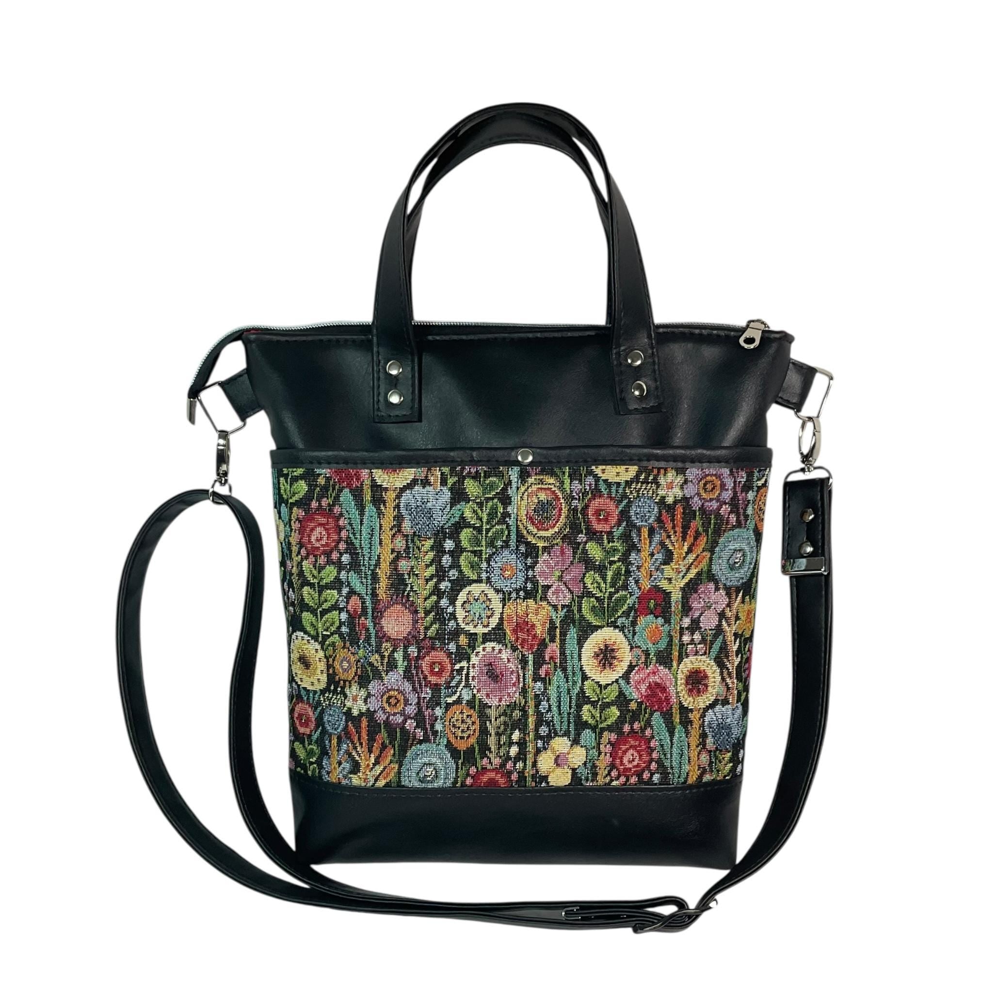 Handbag in faux Leather and floral tapestry fabric, medium tote style zip top shoulder crossbody with carry handles