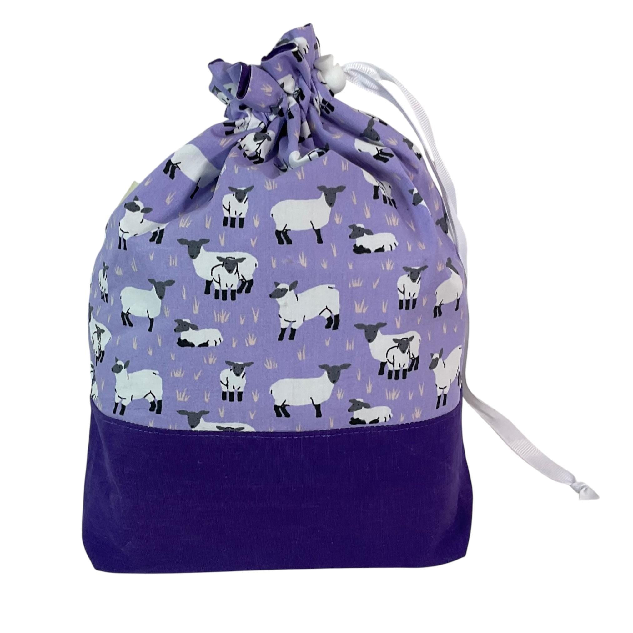 Knitting and crochet bag, Two at a time project bag with sheep print, drawstring divided sock sack, yarn work in progress pouch, purple gift