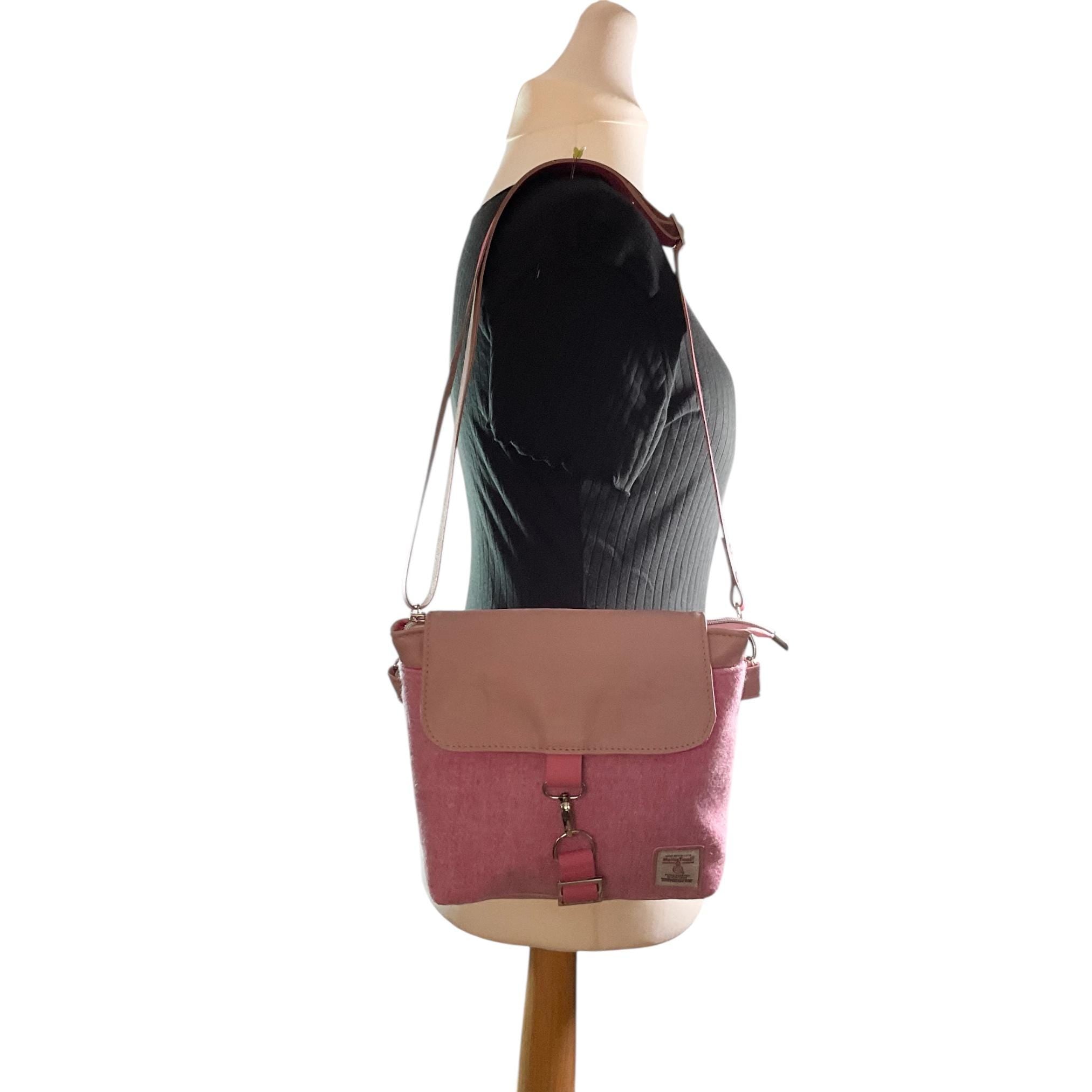 Satchel Handbag in genuine leather and Harris tweed pink pure wool,  medium sized zip top shoulder bag, pink lovers