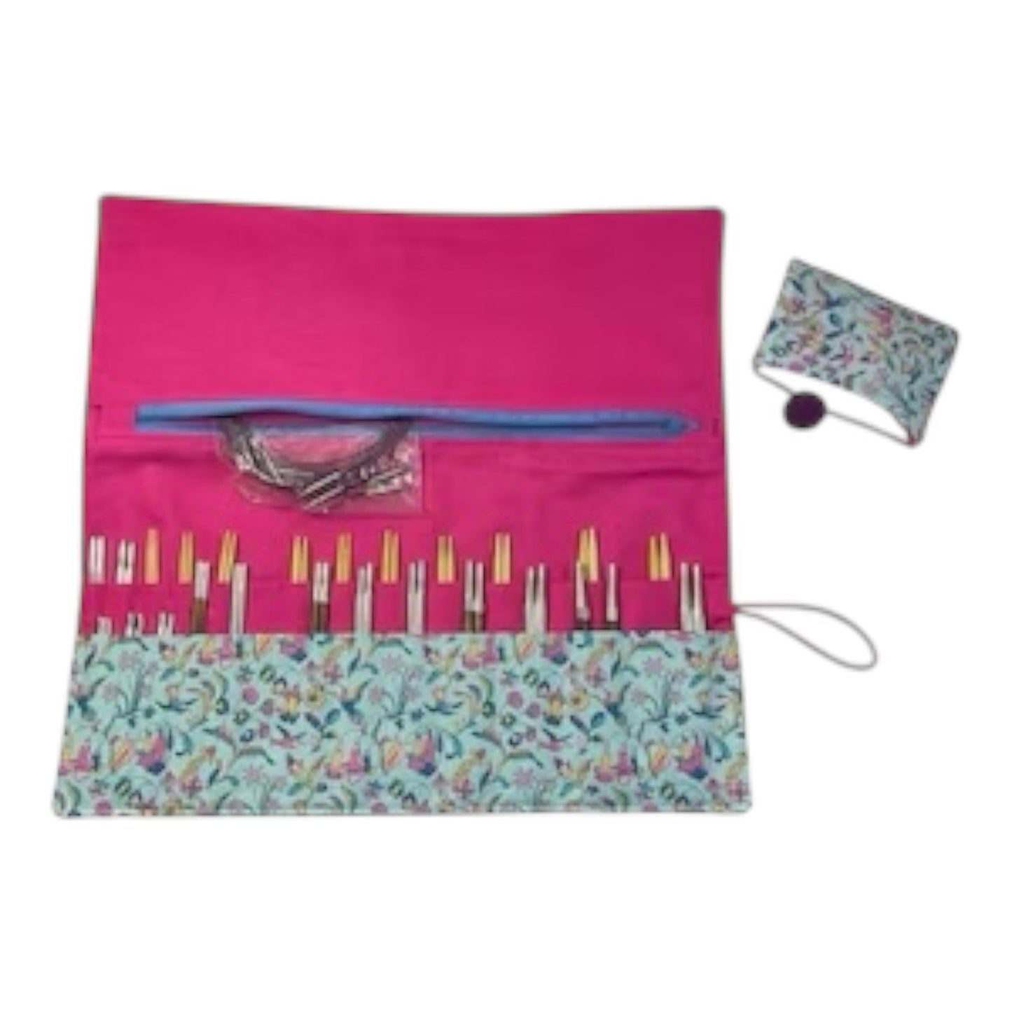 Interchangeable knitting needle case with Liberty bird and floral fabric