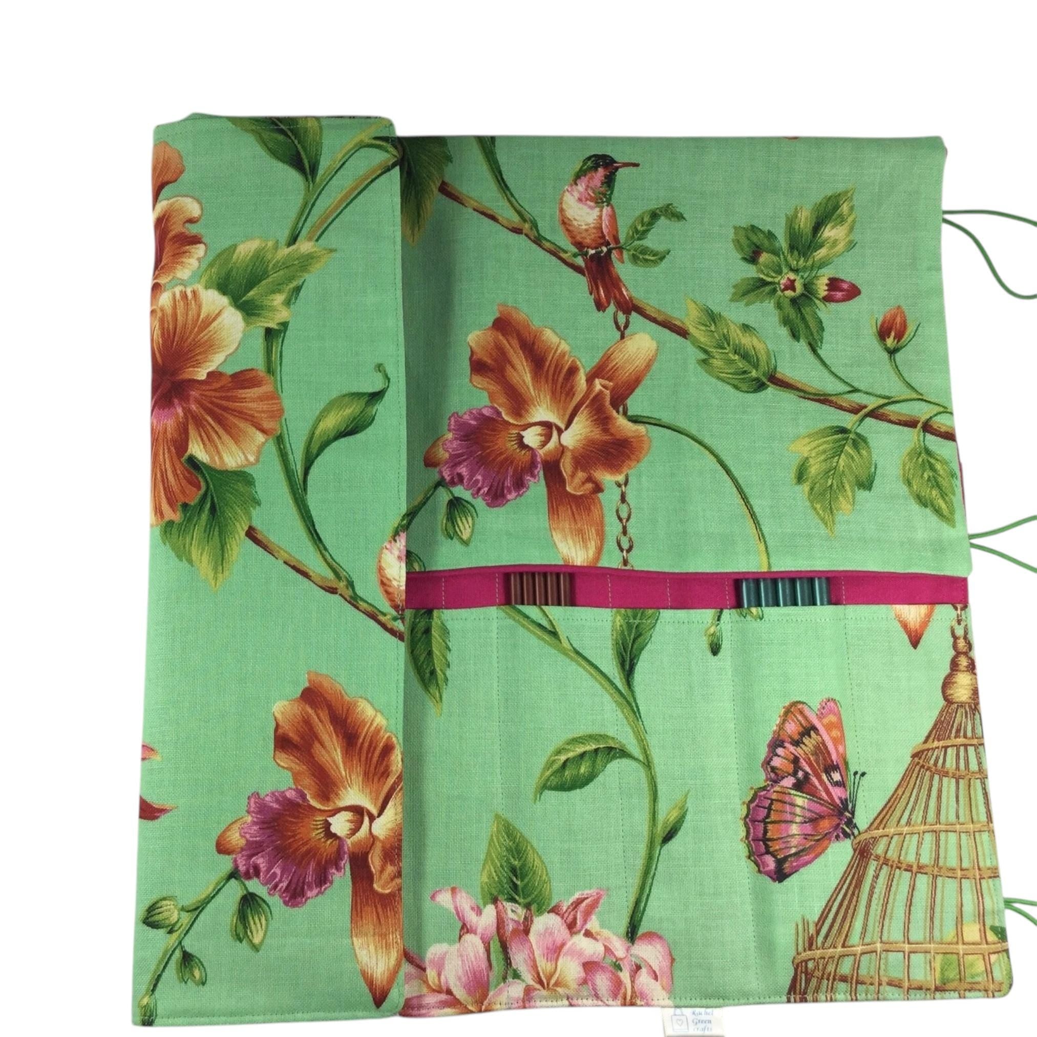 Straight and double pointed knitting needle case with floral birds, needle pouch, needle storage, long needles wallet, sock needle